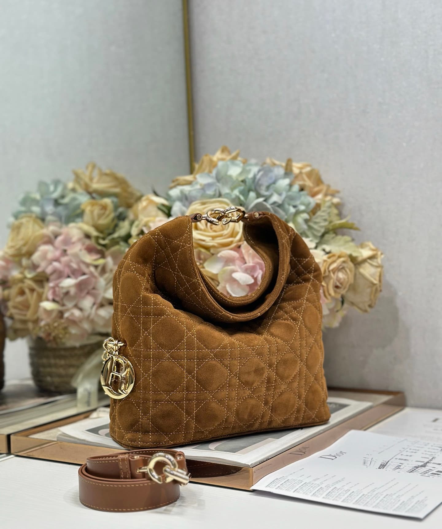 Dior Quilting Suede Handbag Brown High