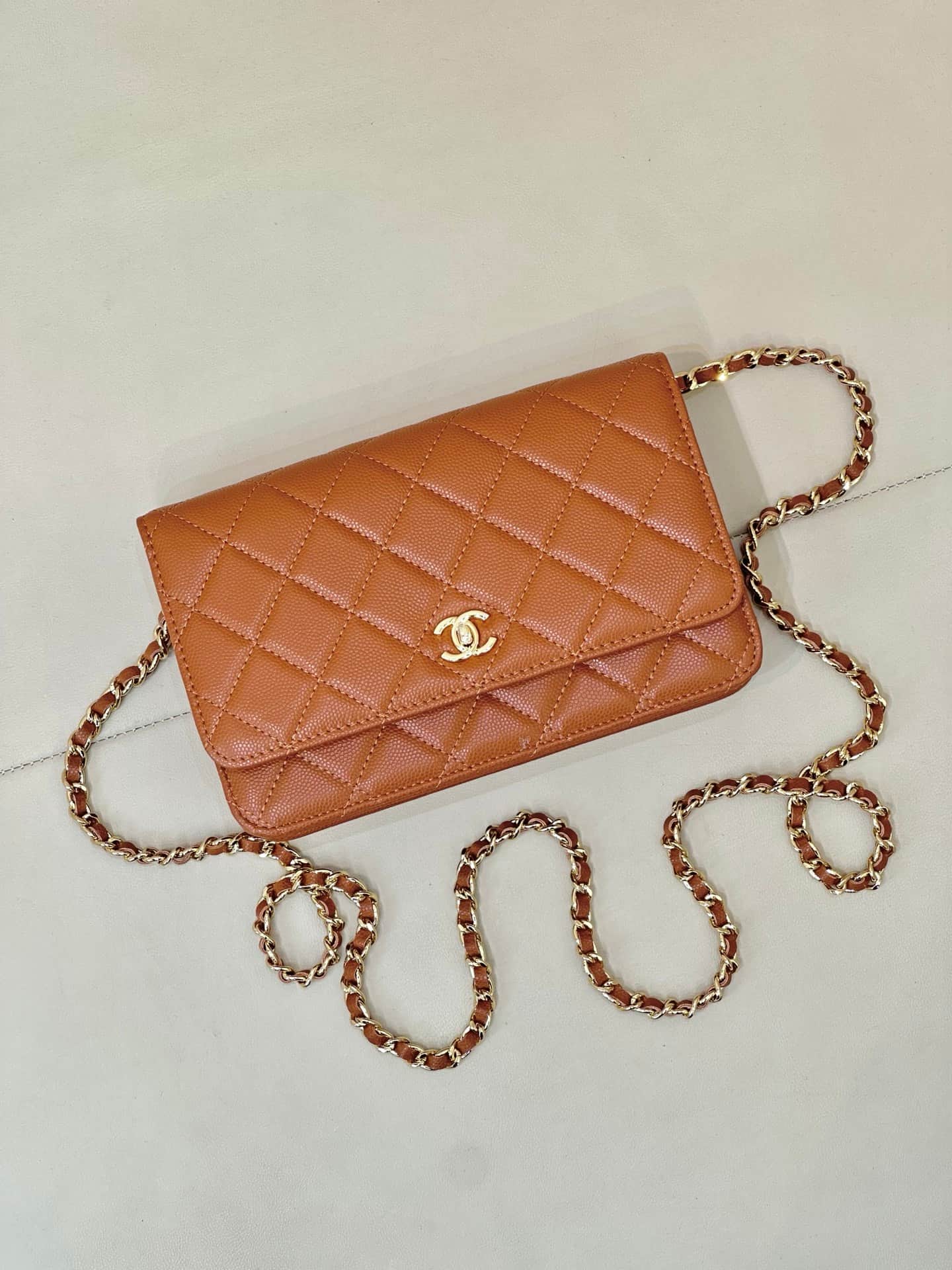 Chanel Classic Wallet on Chain Grained Shiny Calfskin& Gold-Tone Metal AP4241 Caramel TOP