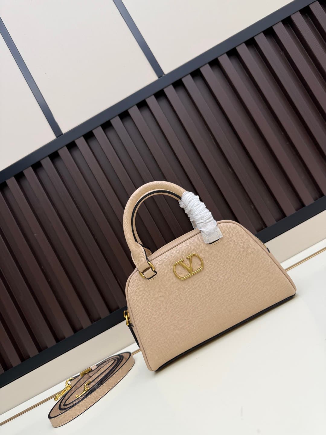 Valentino VLogo Signature Mini Bowling Bag in Grainy Calfskin Beige High