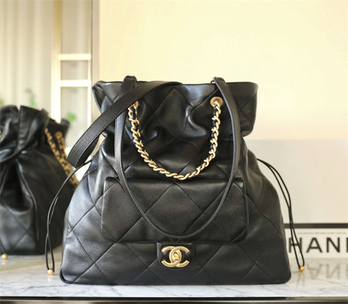 Chanel Drawstring Shopping bag Grained Shiny Calfskin & Gold-Tone Metal TOP