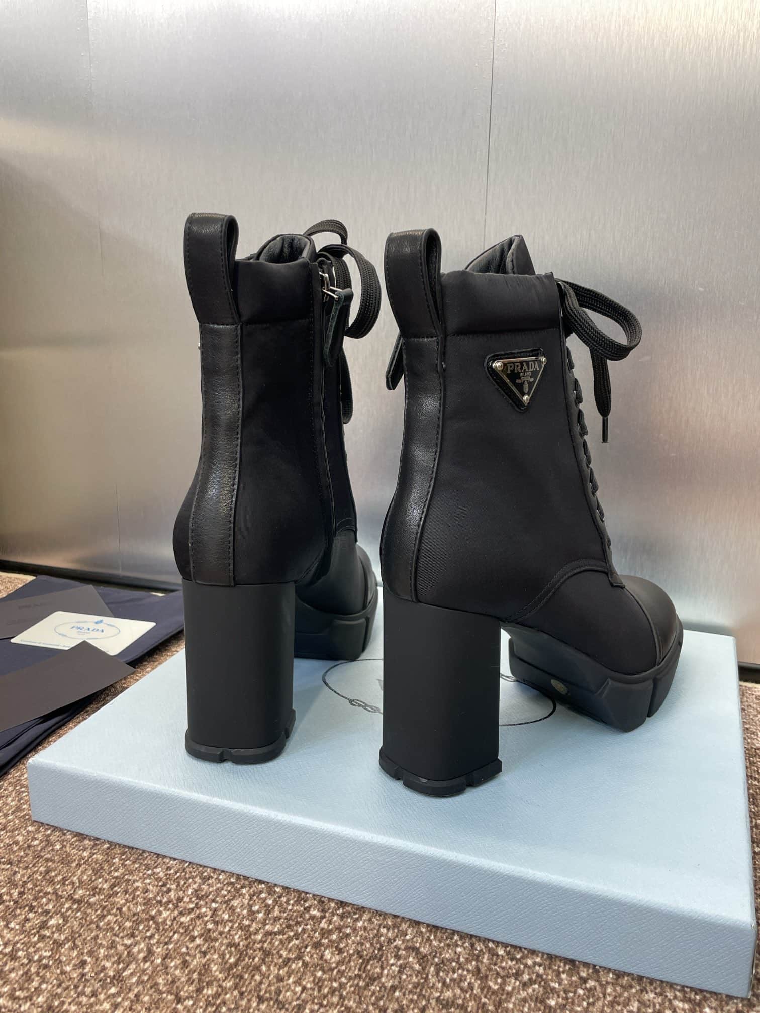 Prada Enameled Metal Triangle Nylon Combat Boots Shoes High Women