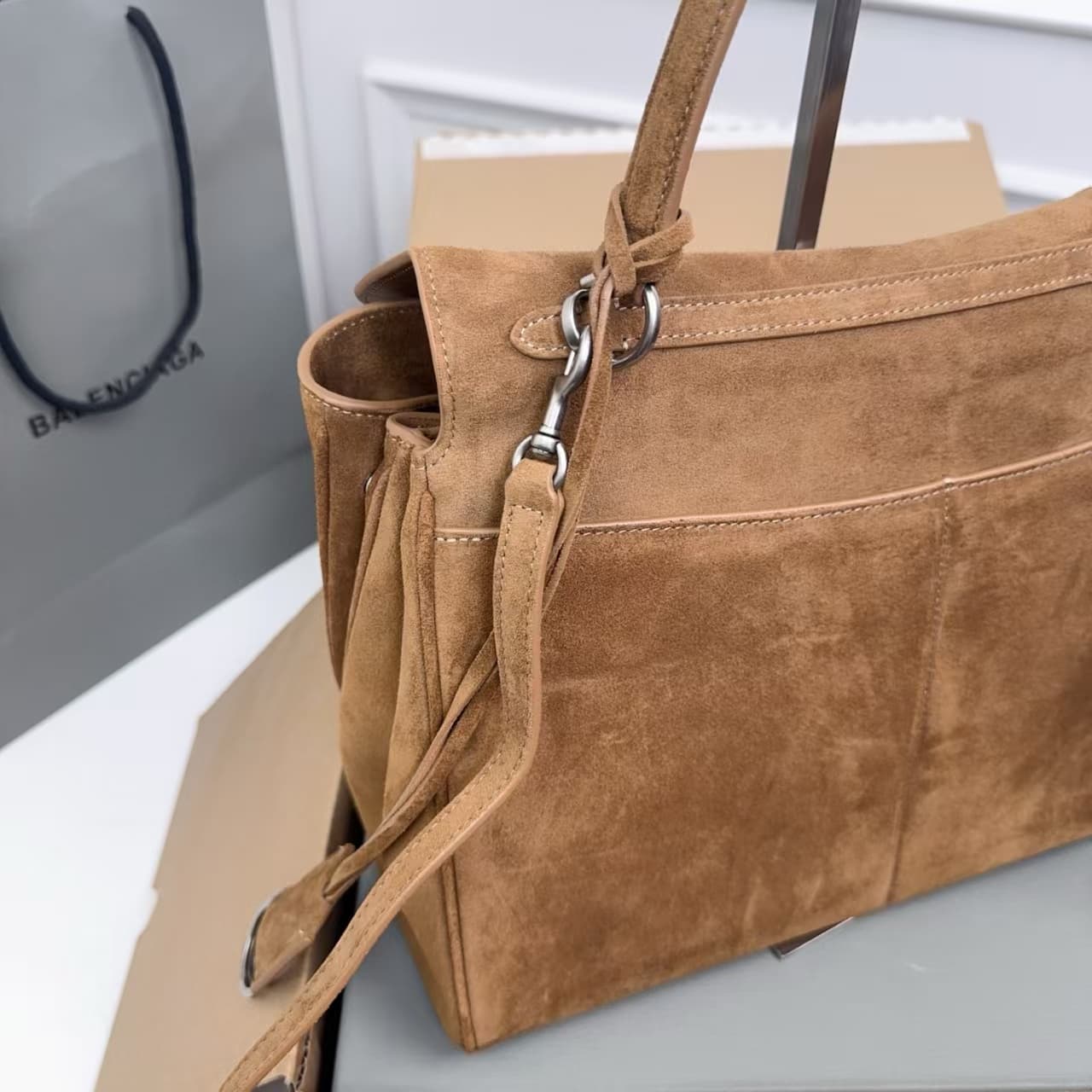 Balenciaga Rodeo Medium Bag in Camel Waxed Suede Calfskin With Silver-Tone Metal High