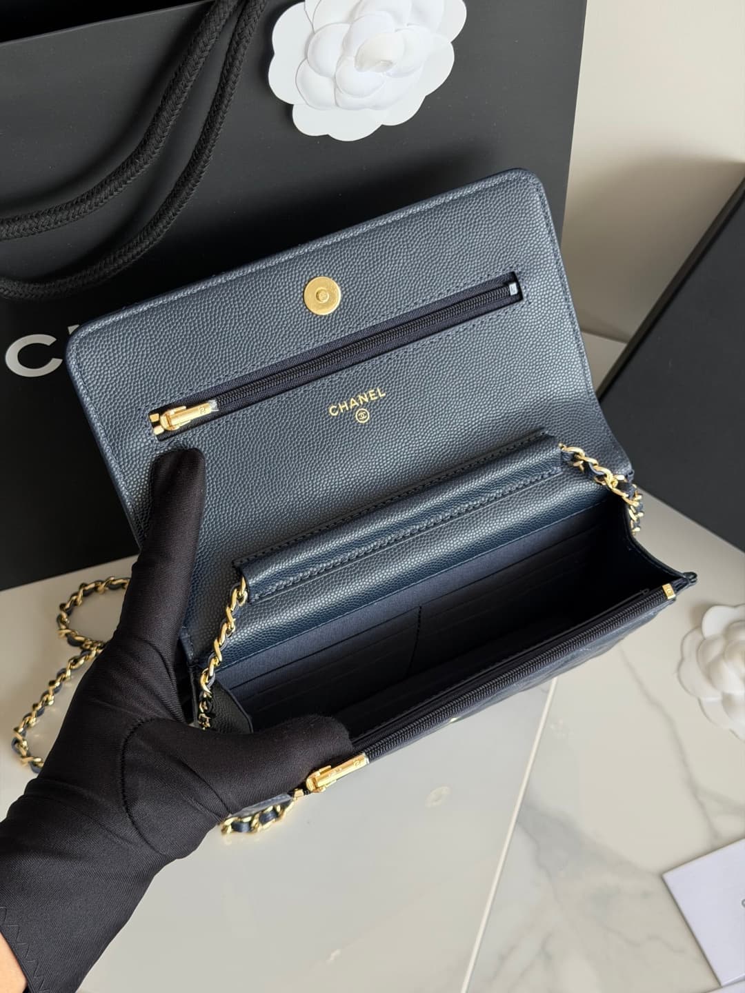 Chanel Wallet on Chain Shiny Grained Calfskin Strass & Gold-Tone Metal Dark Blue AP5073 High