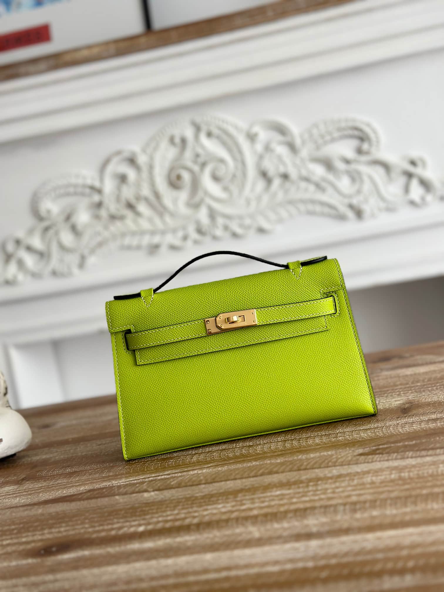 Hermes Kelly Pochette Bag Epsom Leather Silver/Gold Metal Kiwi WAX High