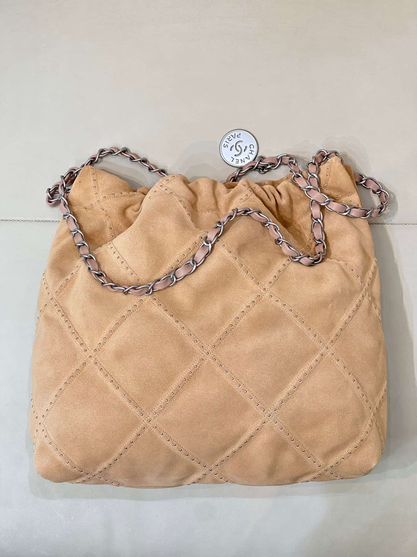 Chanel 22 Small handbag Suede calfskin studs & silver-tone metal AS3260 Beige TOP