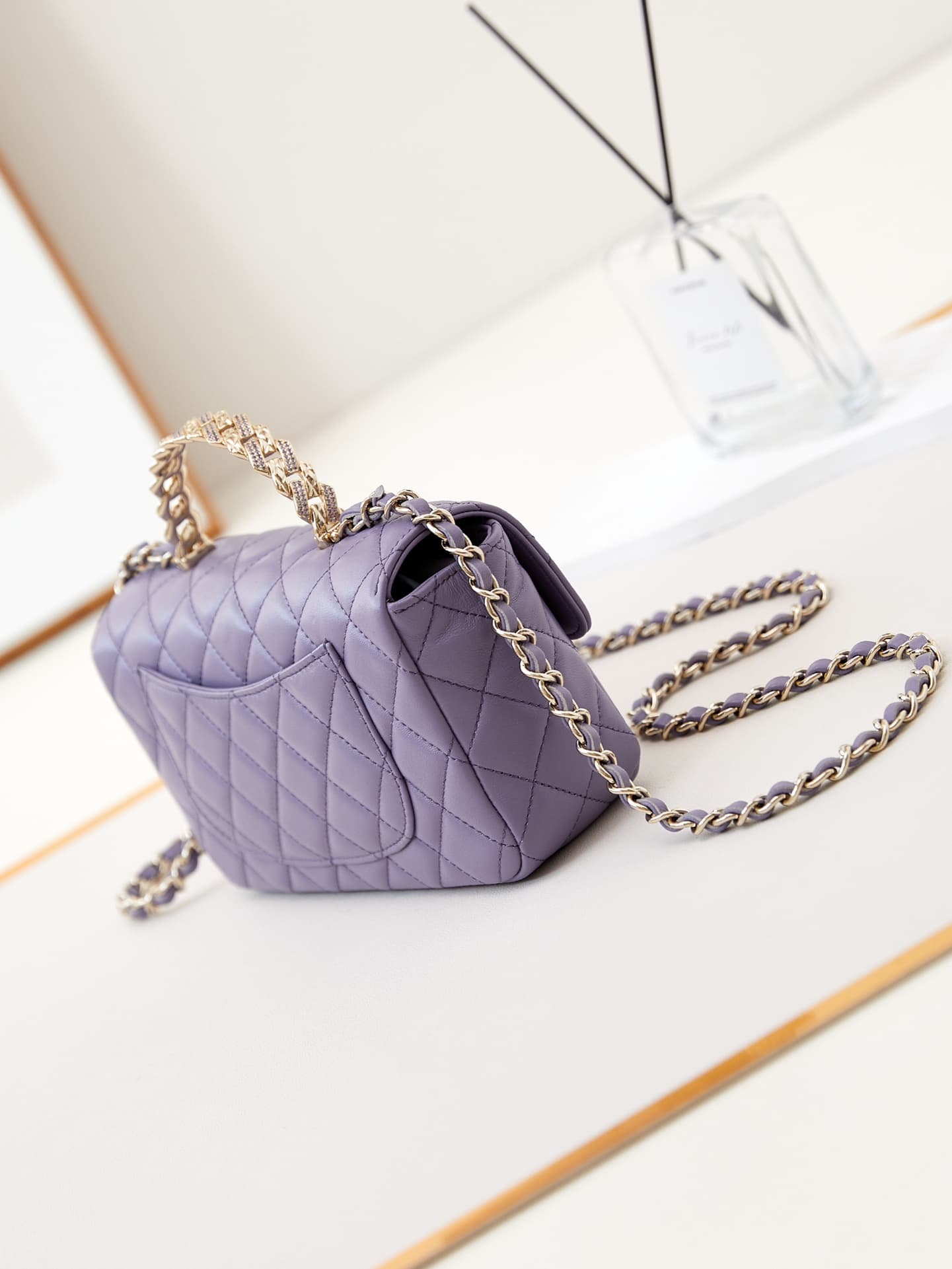 Chanel Mini Flap Bag with Top Handle Lambskin& Gold-Tone Metal Purple AS4924 A
