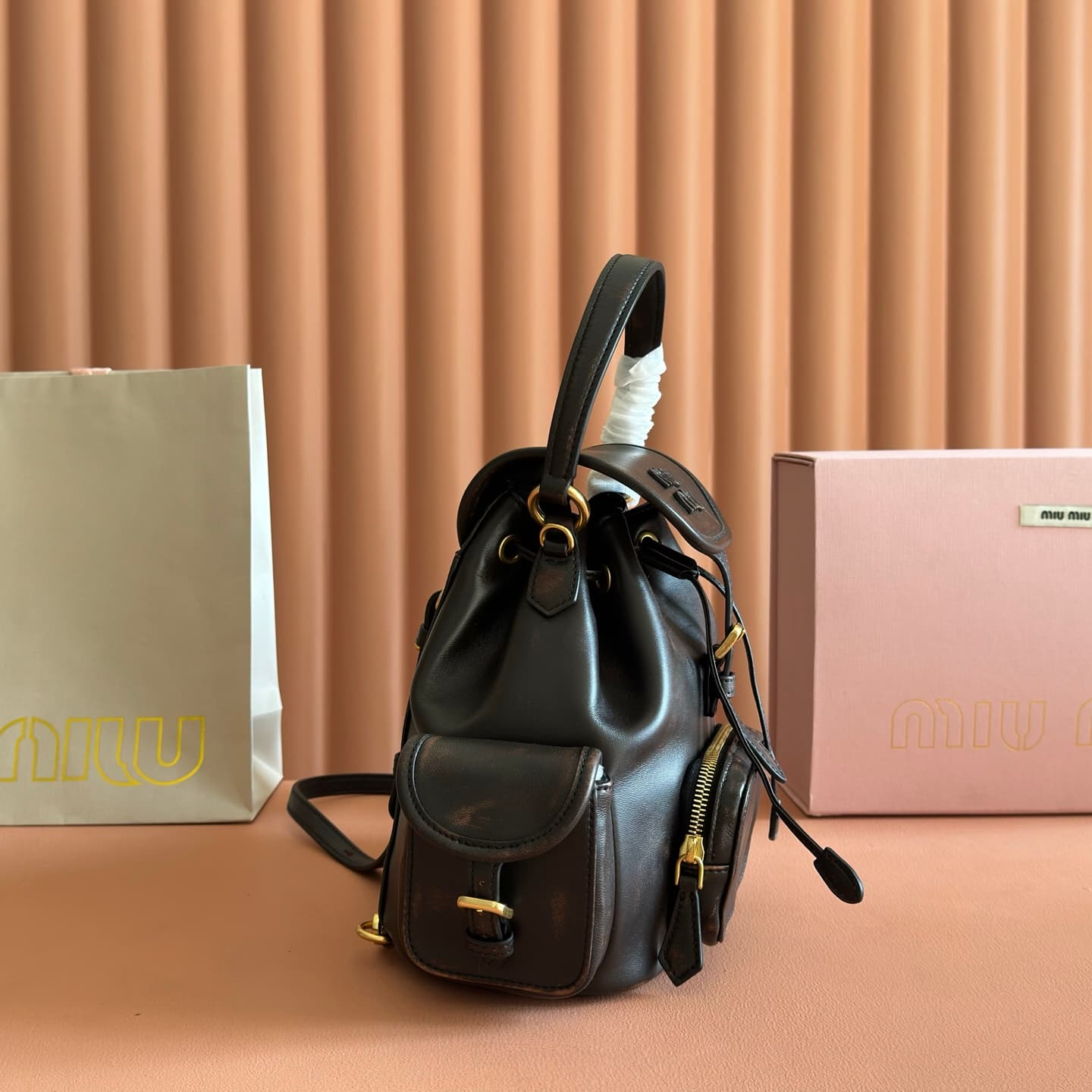 Miu Miu Leather backpack Coffee Calfskin 5BZ043  TOP