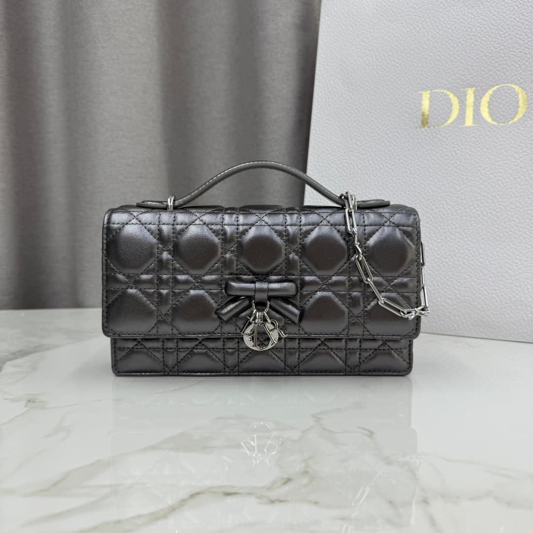 My Dior Mini Bag Silver Metallic Cannage Lambskin With Leather Bow High