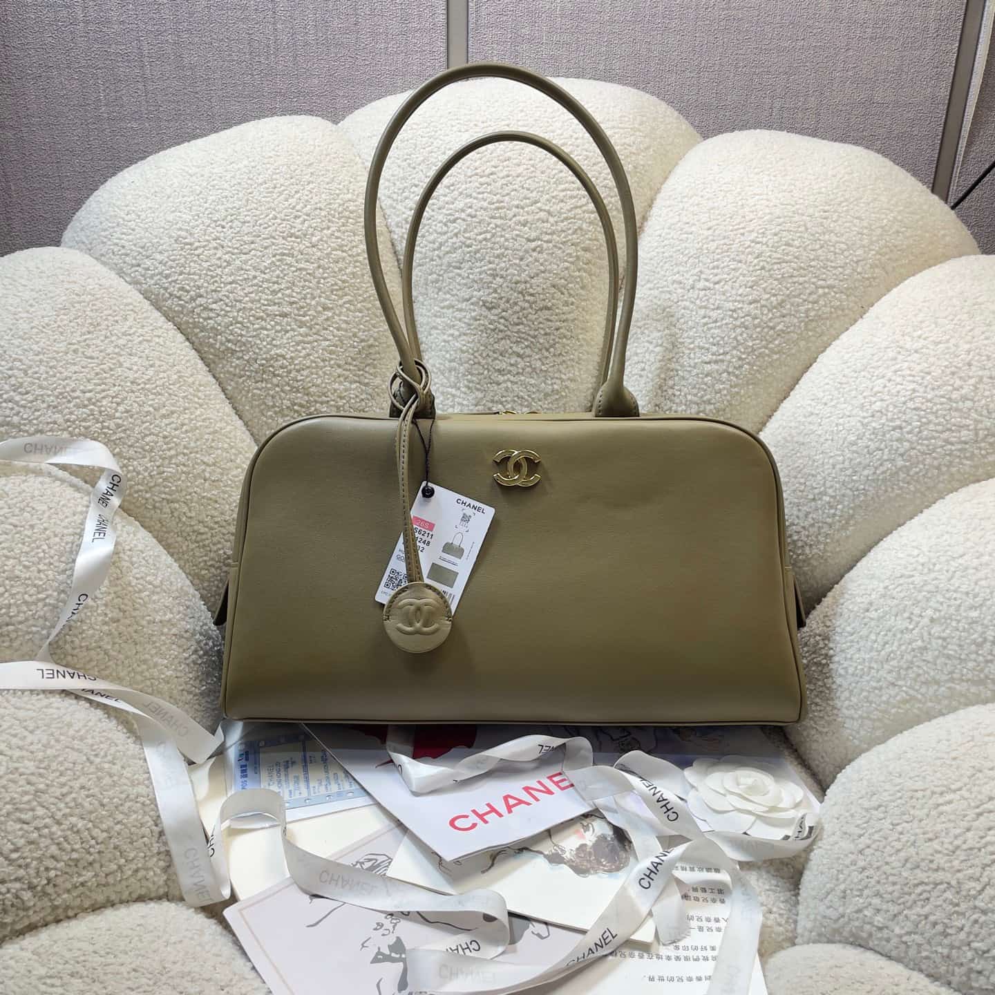 Chanel Maxi Bowling Bag Calfskin & Gold-Tone Metal Khaki AS6211 A