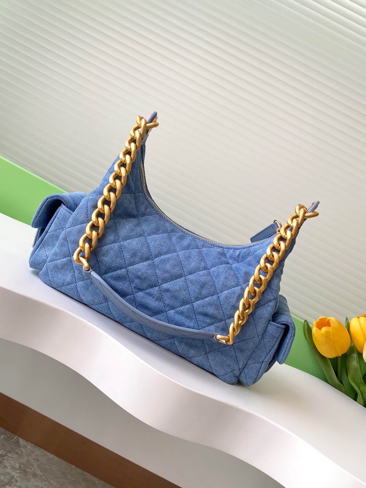 Chanel Trendy Pockets Hobo Bag Denim & Gold Metal Blue AS5339 A