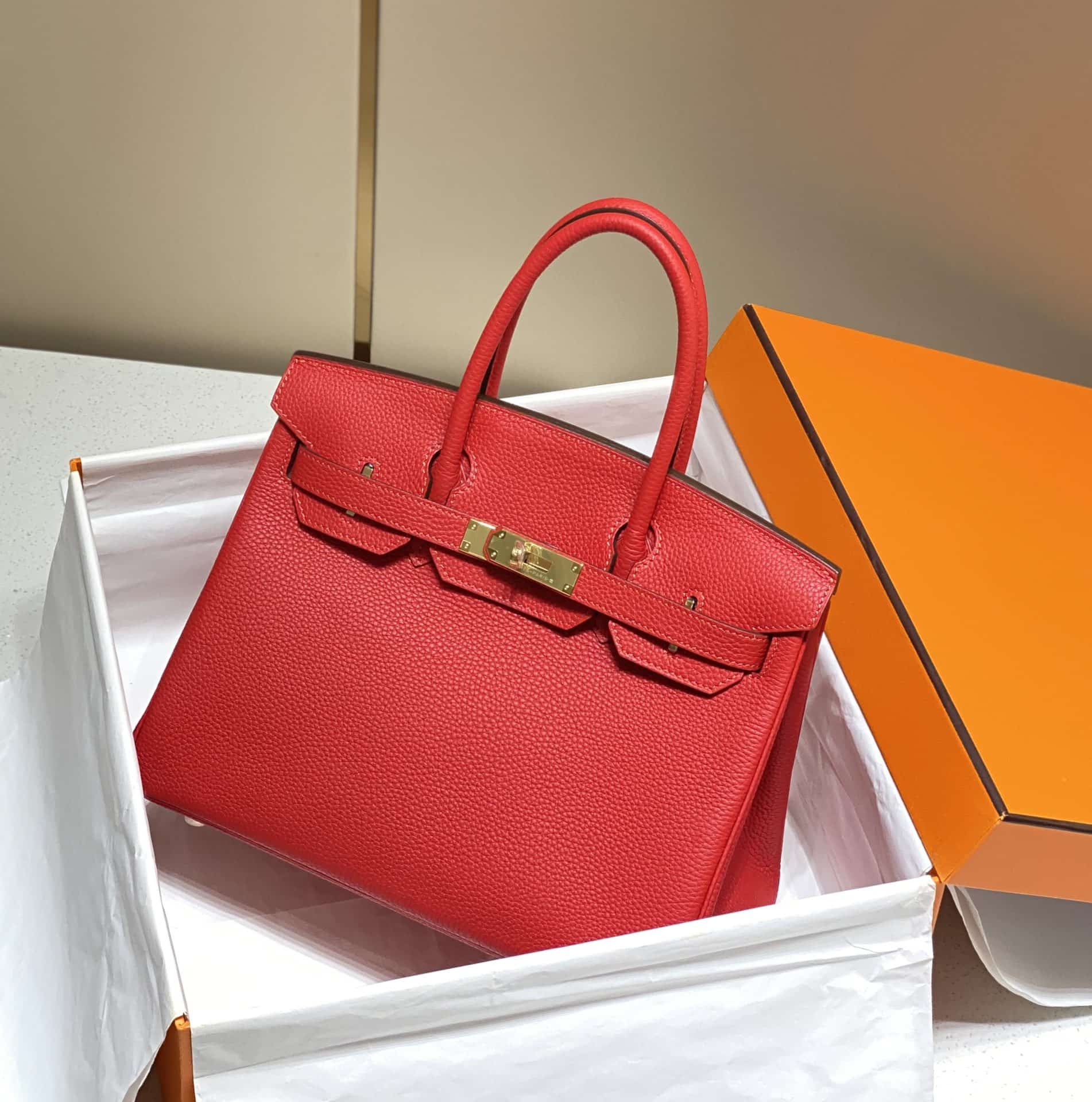 Hermes Birkin 25/30/35cm Bag Calfskin Silver/Gold Metal In Red High