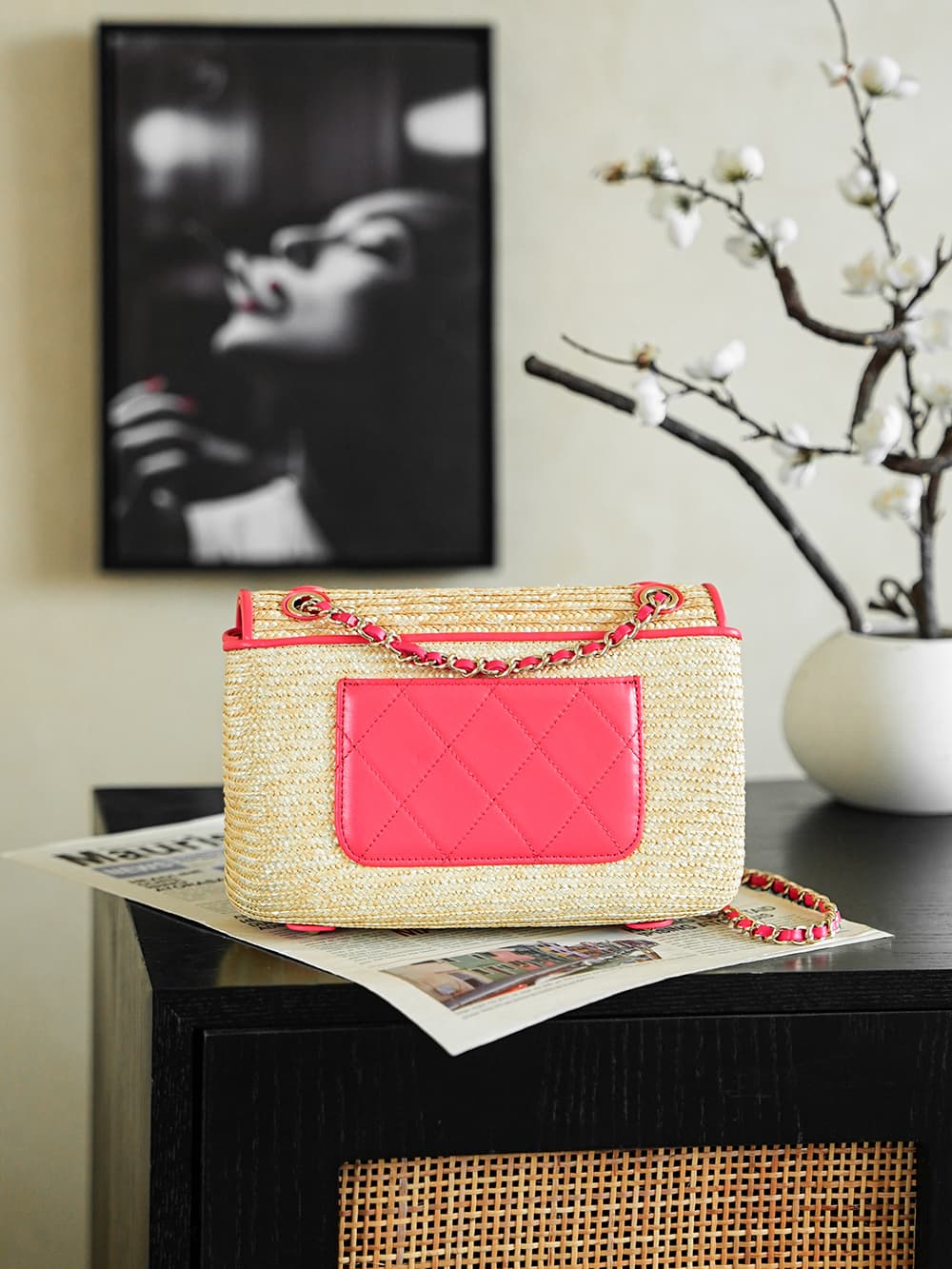 Chanel Coco Beach Small Flap Bag Braided Straw Lambskin & Gold-tone Metal AS6017 A