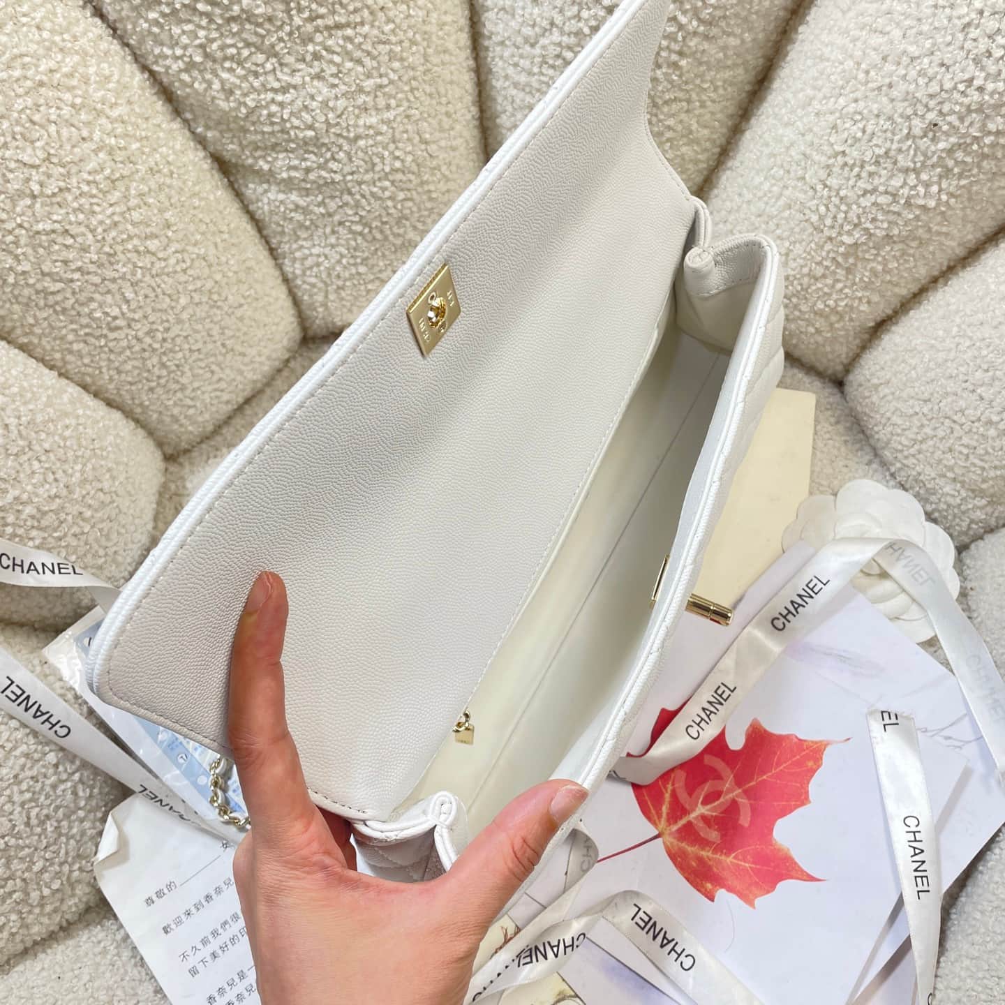 Chanel Maxi Flap Bag with Top Handle Grained Calfskin& Gold-Tone Metal AS6091 White A