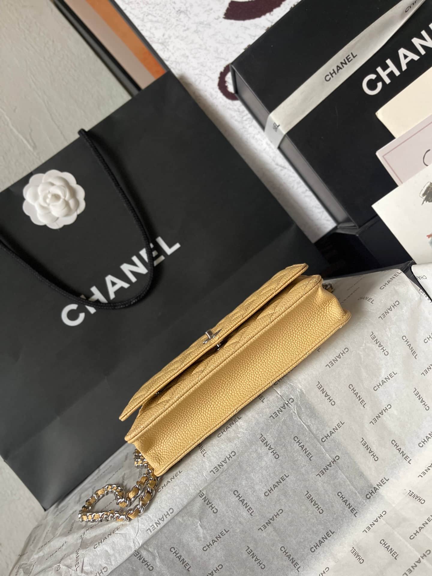 Chanel Classic Wallet on Chain Grained Shiny Calfskin & Silver-Tone Metal AP4241 Beige A