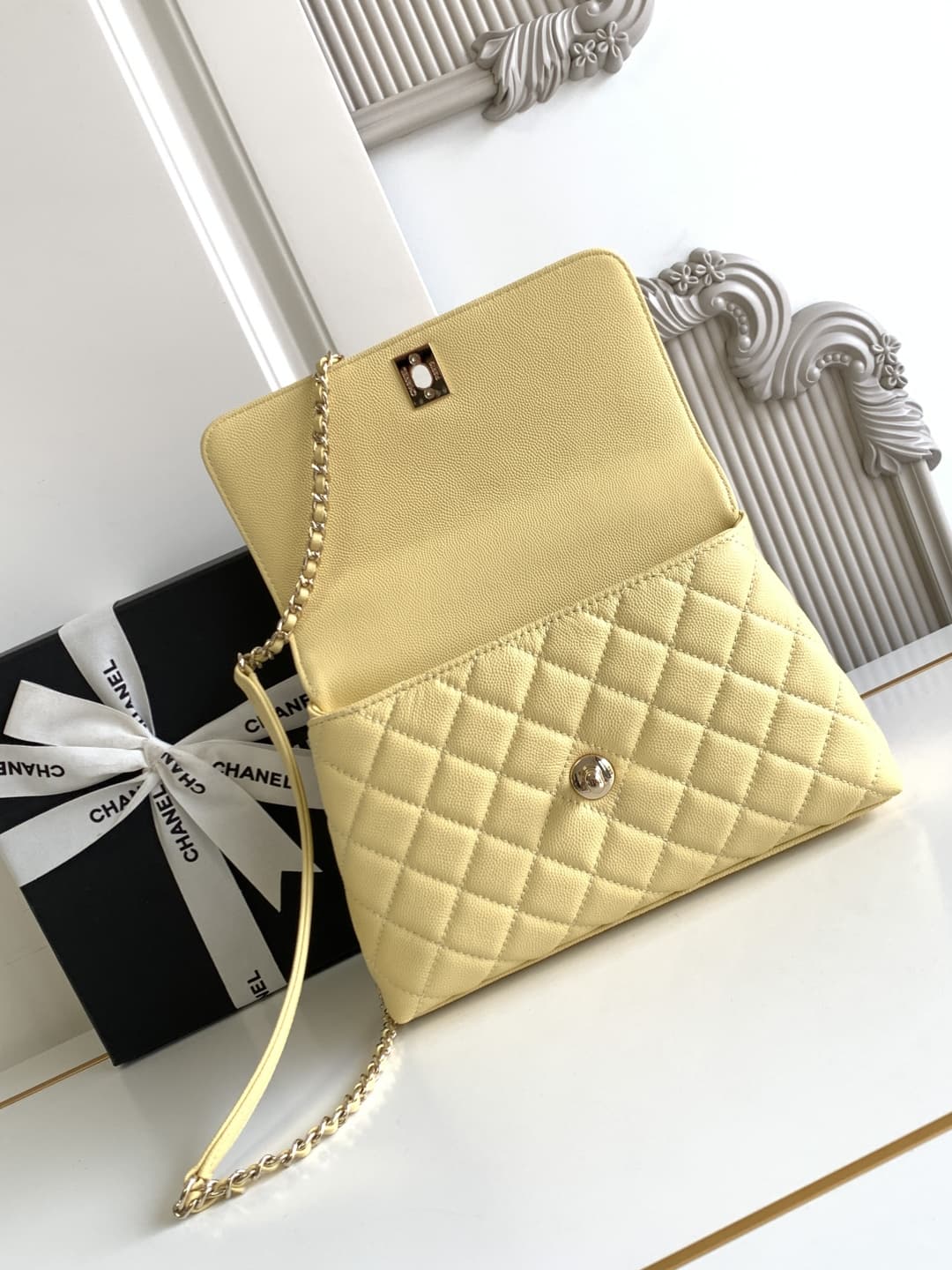 FLAP BAG WITH TOP HANDLE Grained Calfskin & Gold-Tone Metal A92990 Light-Yellow Binding A