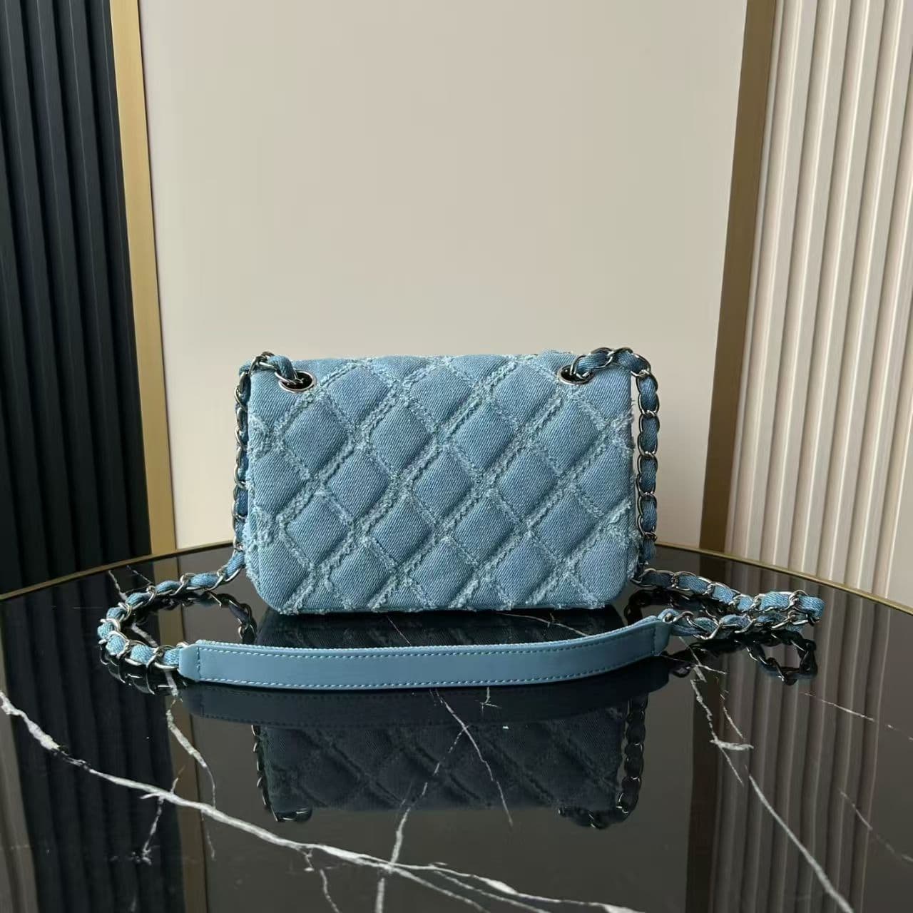 Chanel Mini Flap Bag Distressed Quilted Denim & Silver-Tone Metal Blue A