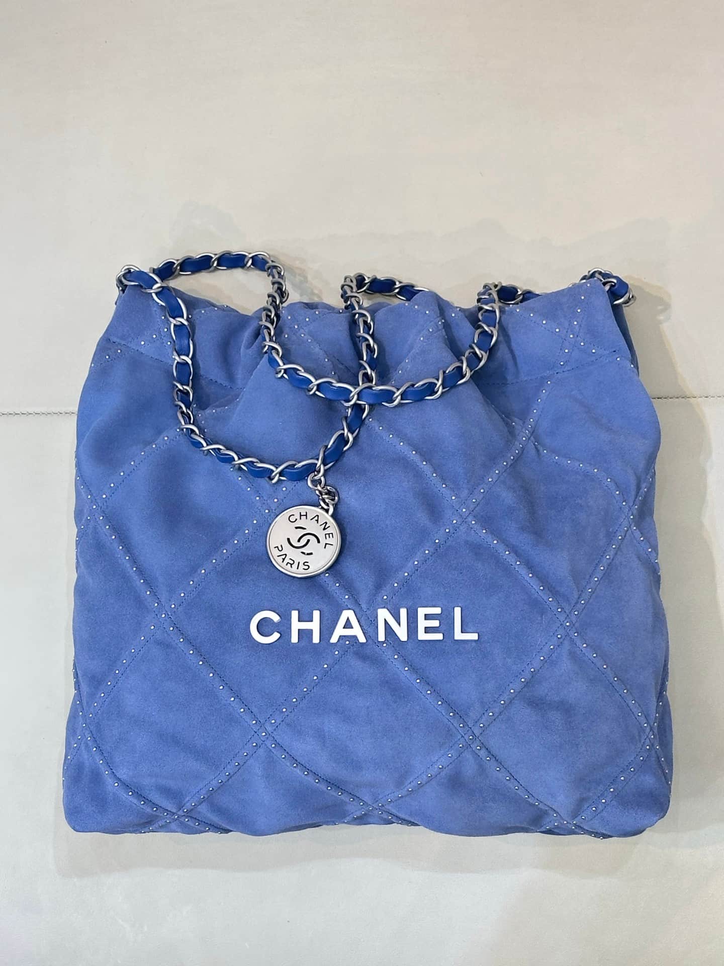 Chanel 22 Small handbag Suede calfskin studs & silver-tone metal AS3260 Blue TOP