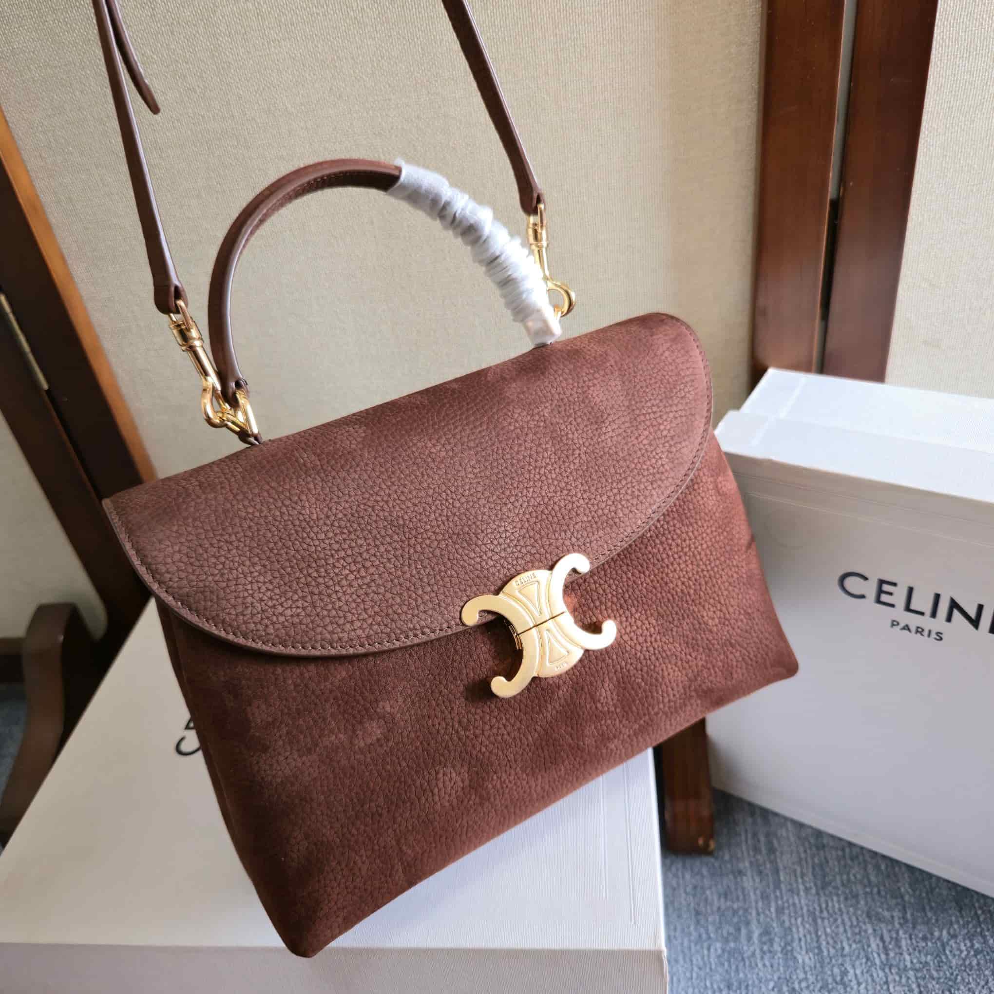 Celine Small Nino Bag in Chestnut Grained Nubuck Calfskin High