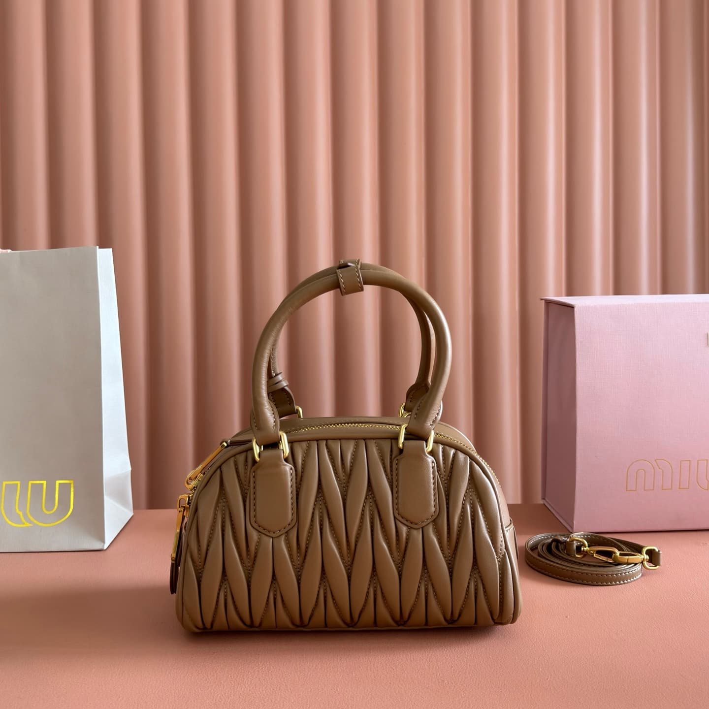 Miu Miu Arcadie Matelassé nappa leather bag Caramel 5BB191 TOP