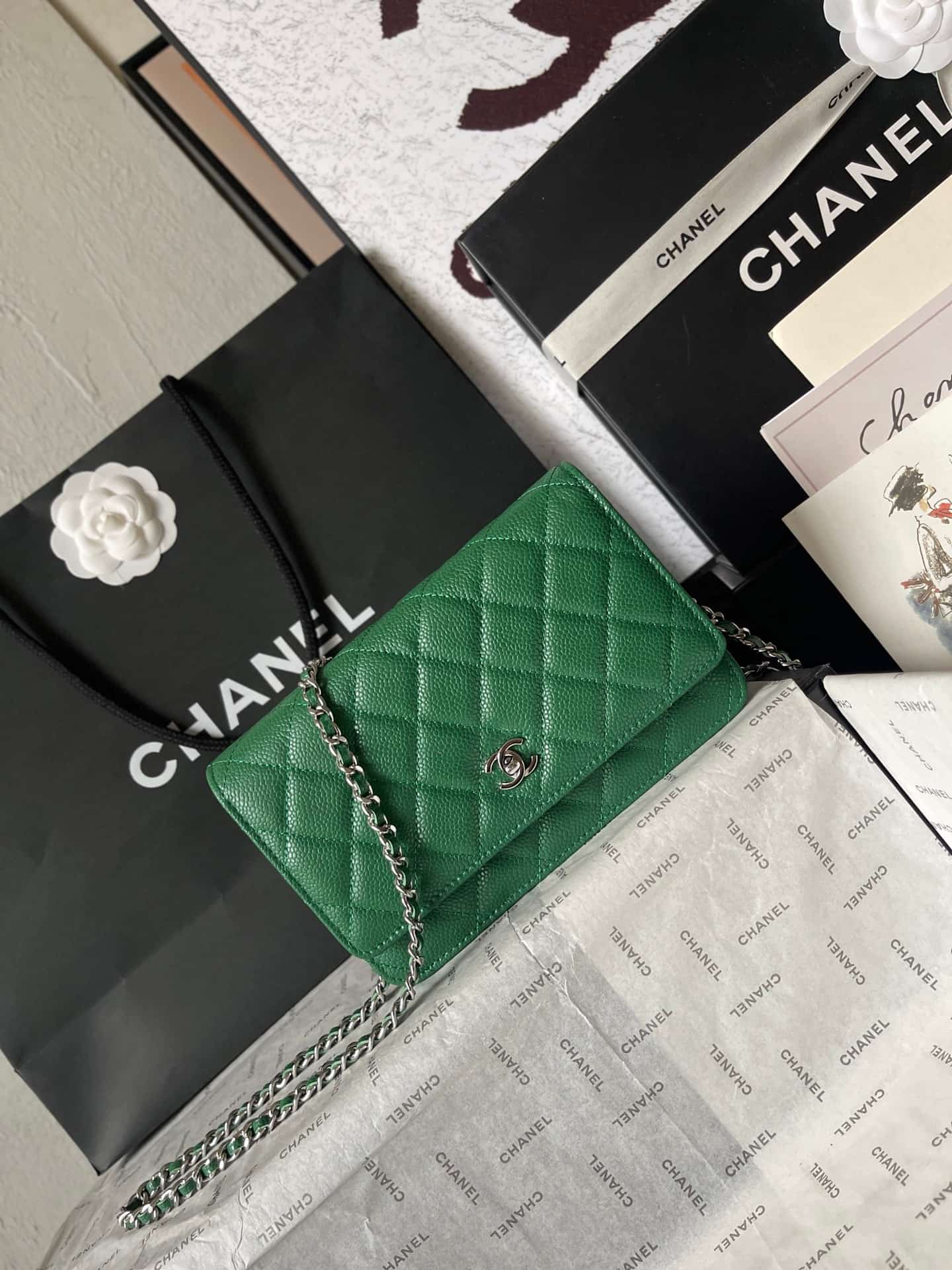 Chanel Classic Wallet on Chain Grained Shiny Calfskin & Silver-Tone Metal AP4241 Green A