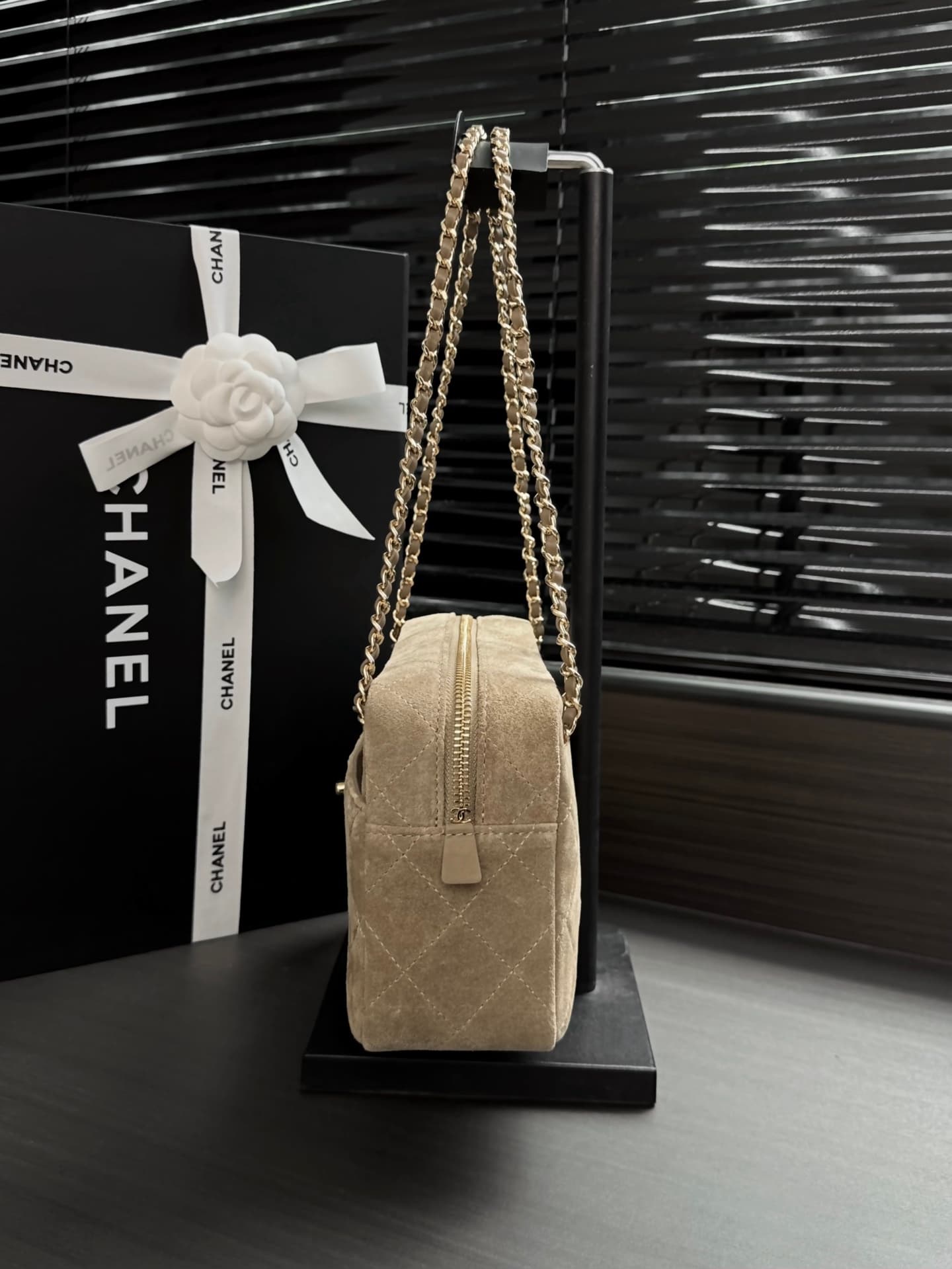 Chanel Maxi Camera Case Suede Calfskin & Gold Metal Dark Beige AS6443 A