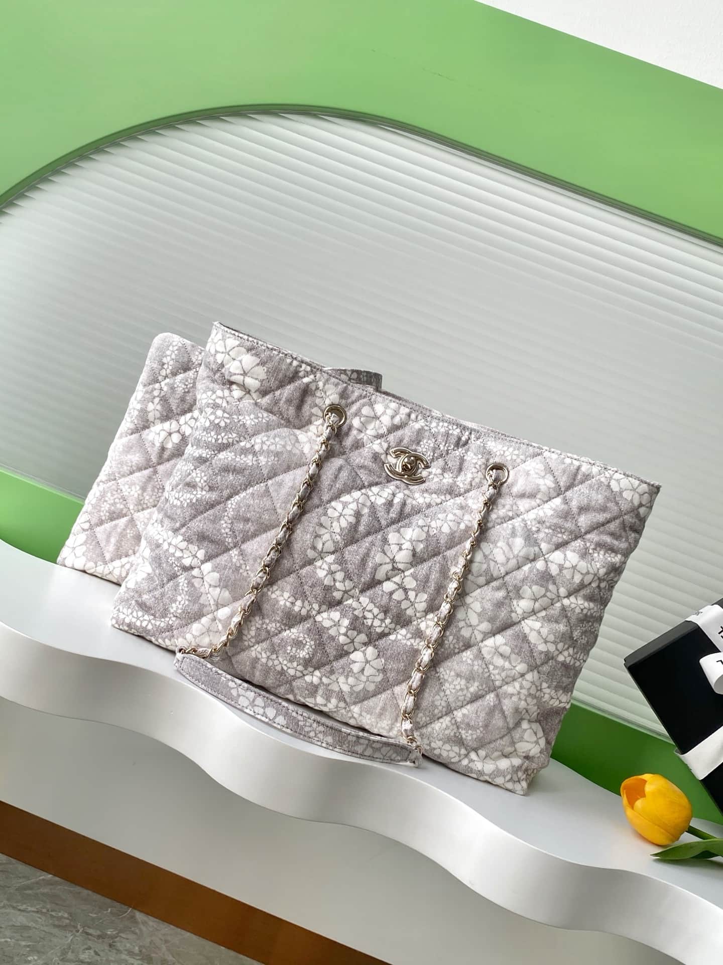 Chanel Beach Hobo Handbag Printed Cotton & Gold-Tone Metal AS5429 White and Grey A