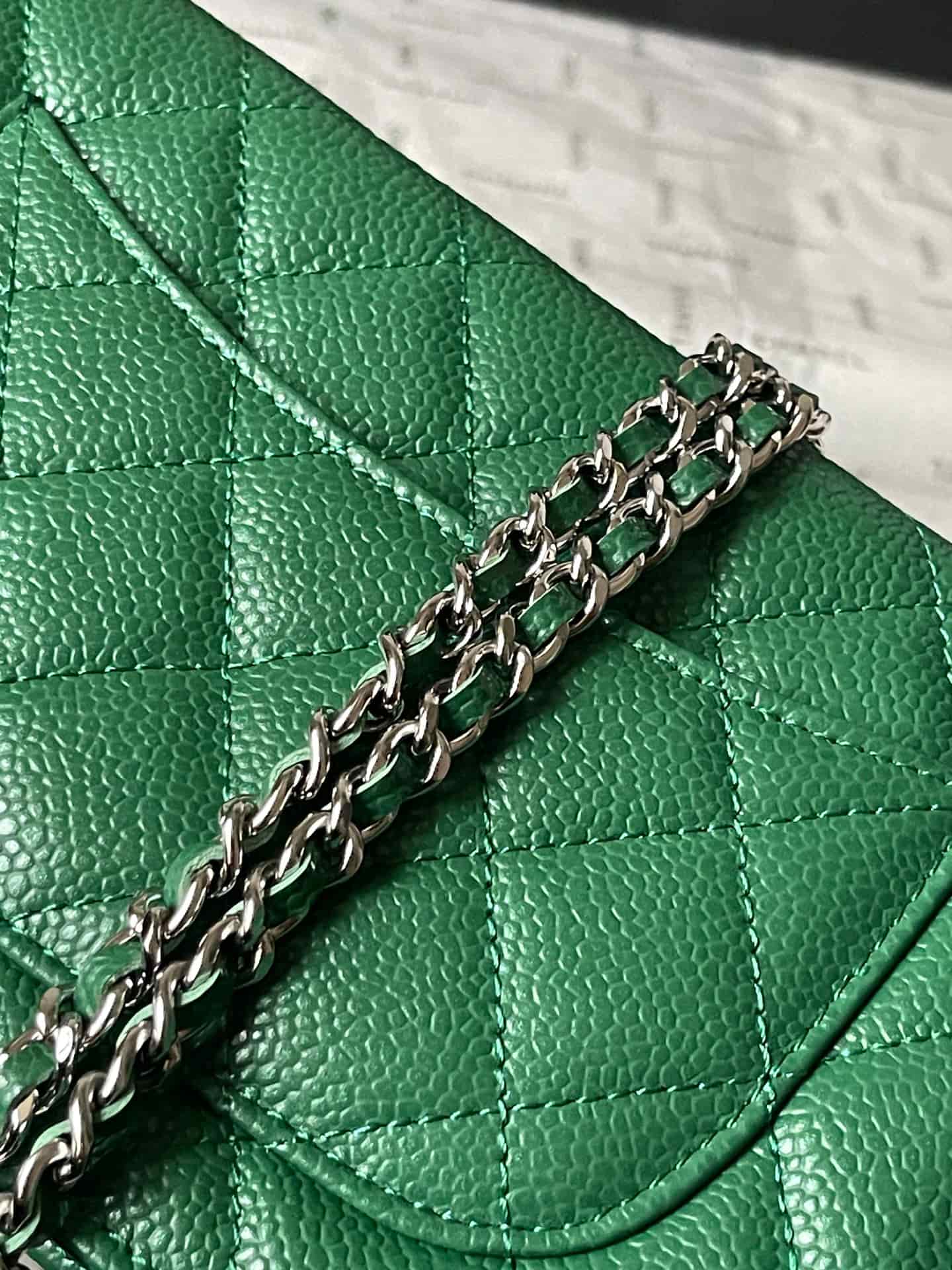 Chanel Classic Wallet on Chain Grained Shiny Calfskin & Silver-Tone Metal AP4241 Green A