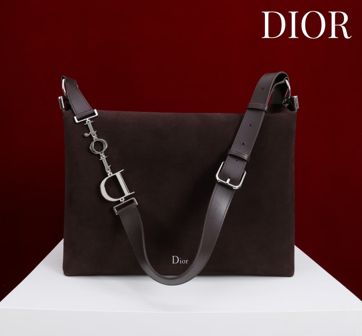 Medium Diorly Bag Chocolate Suede Calfskin Silver lettering High