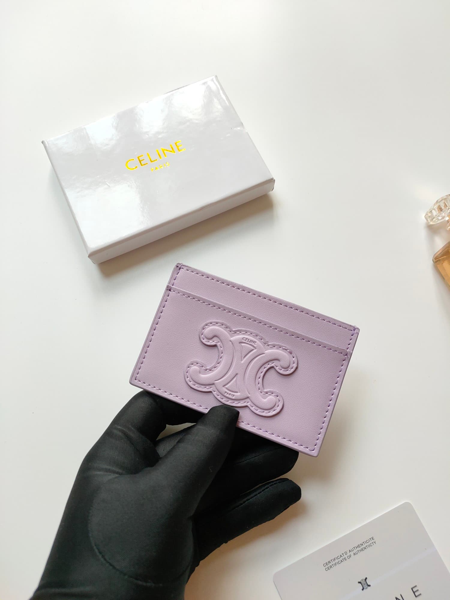 Celine Triomphe card holder in purple shiny calfskin leather 10B703 High