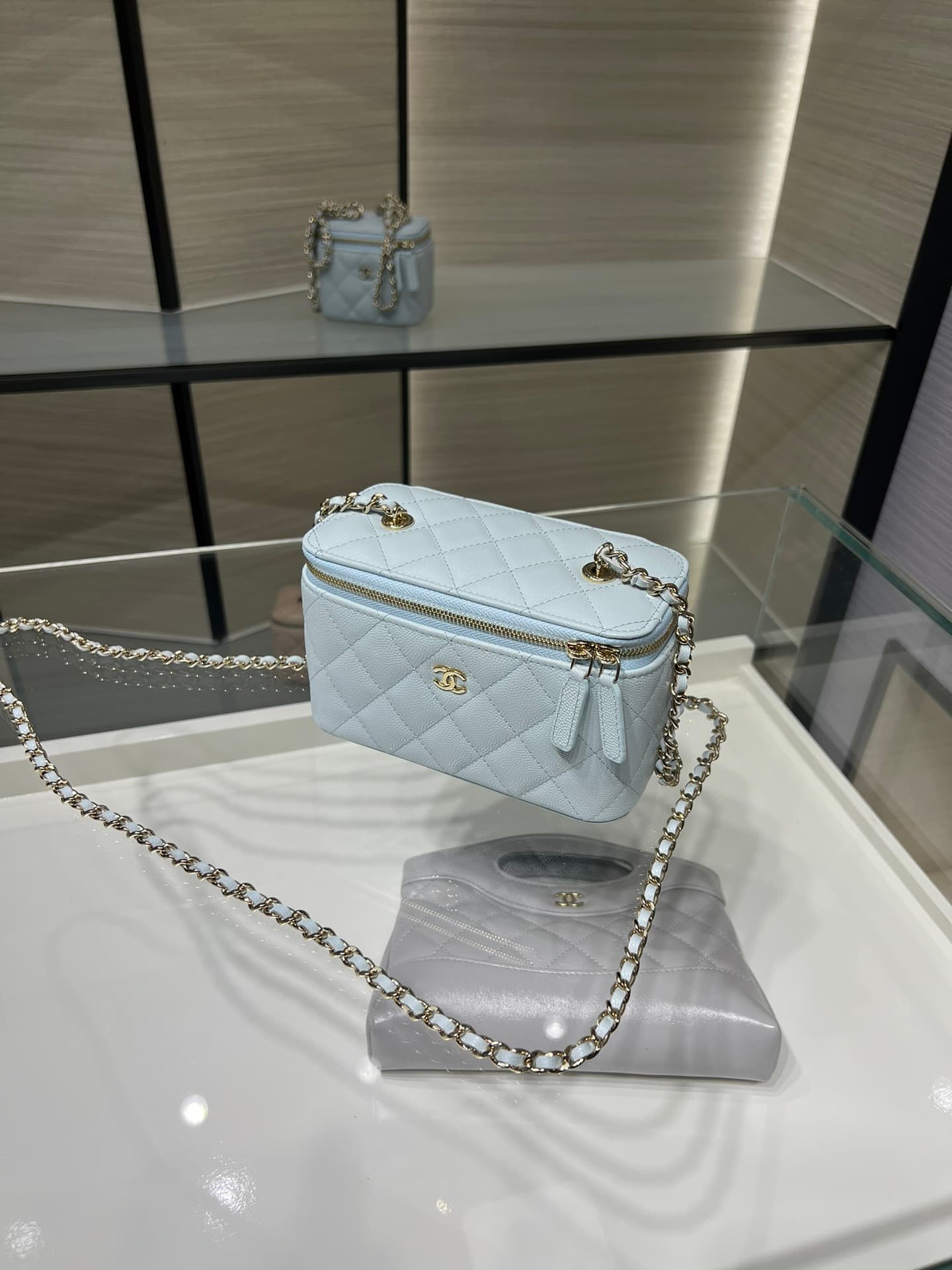 Chanel Classic Long Vanity with Chain Grained Calfskin & Gold-Tone Metal Light Blue AP1341 High