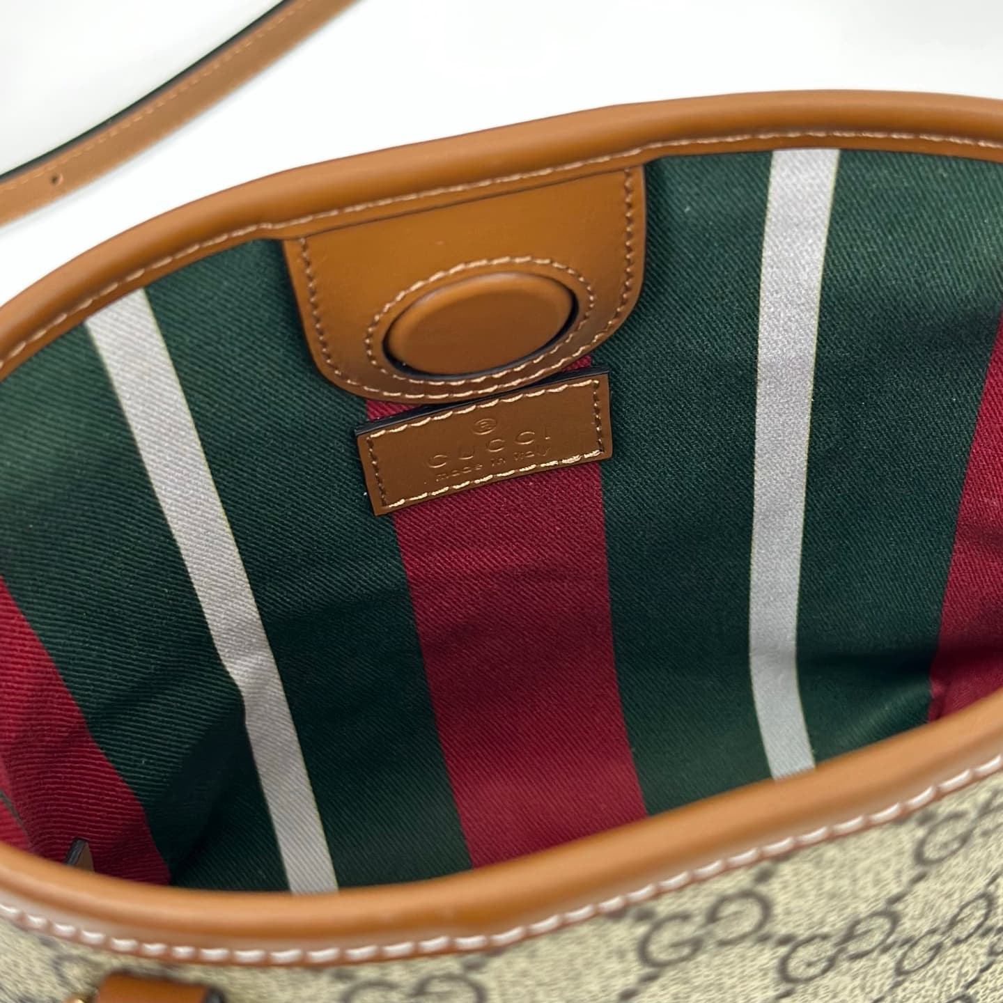 Gucci GG Emblem nano bucket bag 847090 beige and dark brown fabric High
