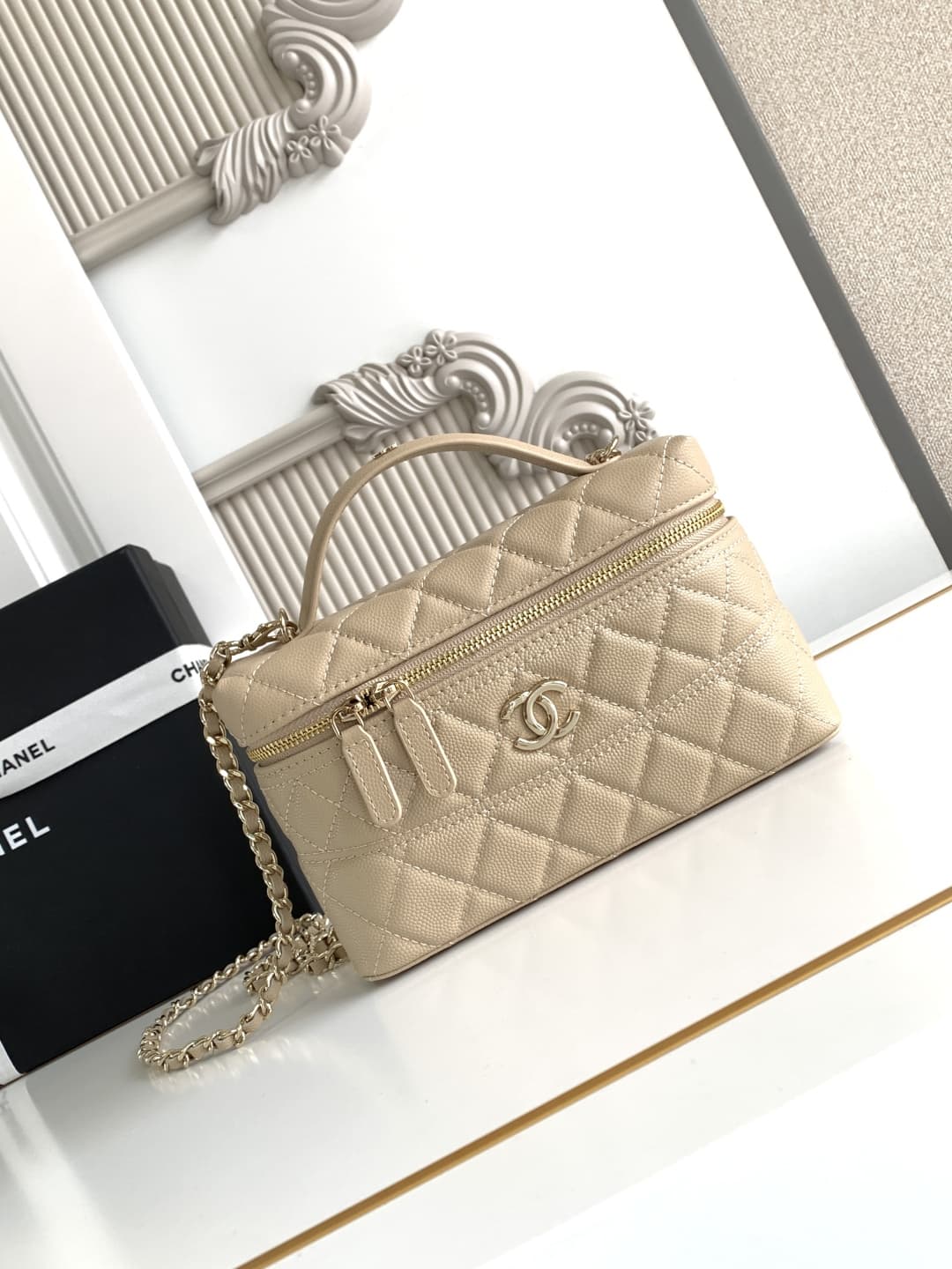 Chanel VANITY WITH CHAIN AP4407 Grained Calfskin & Gold-Tone Metal Champagne High