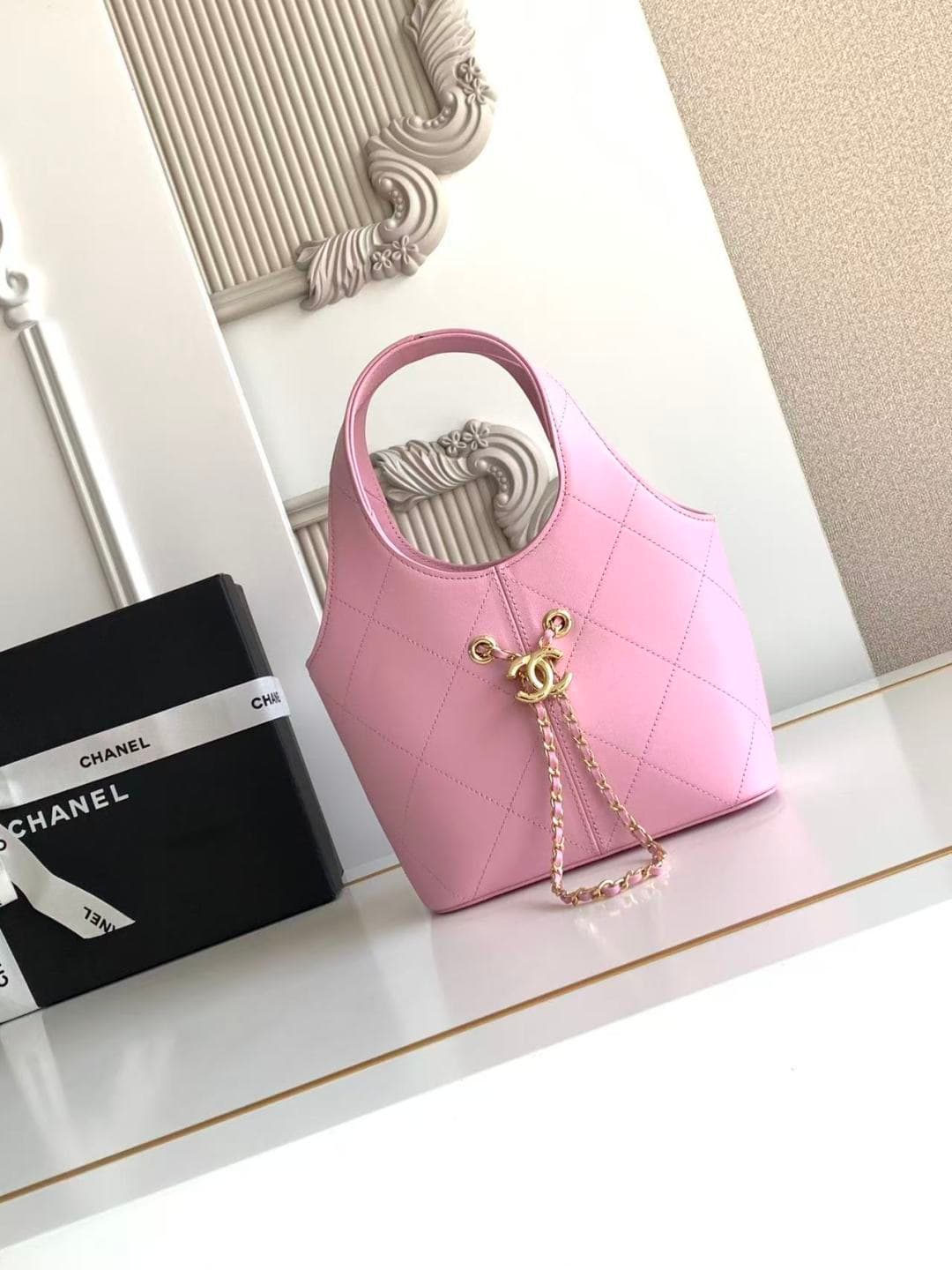 Chanel Small Shopping Bag Pink Leather & Gold-Tone Metal AS6132 A
