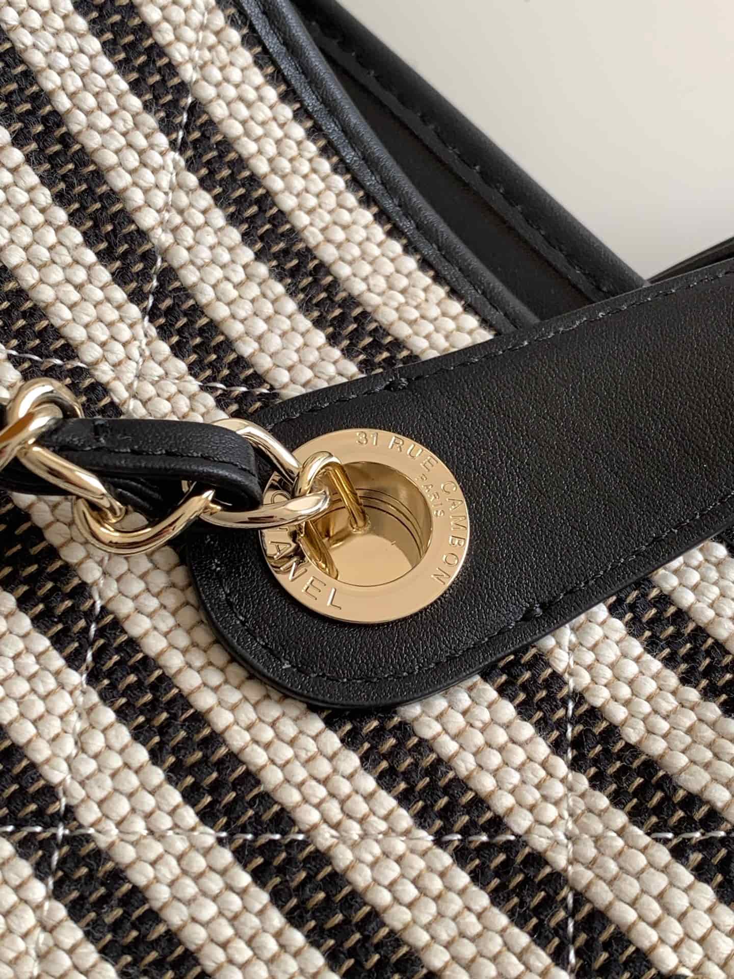 Chanel Deauville tote bag Striped canvas & Gold-Tone Metal Black AS6007 A