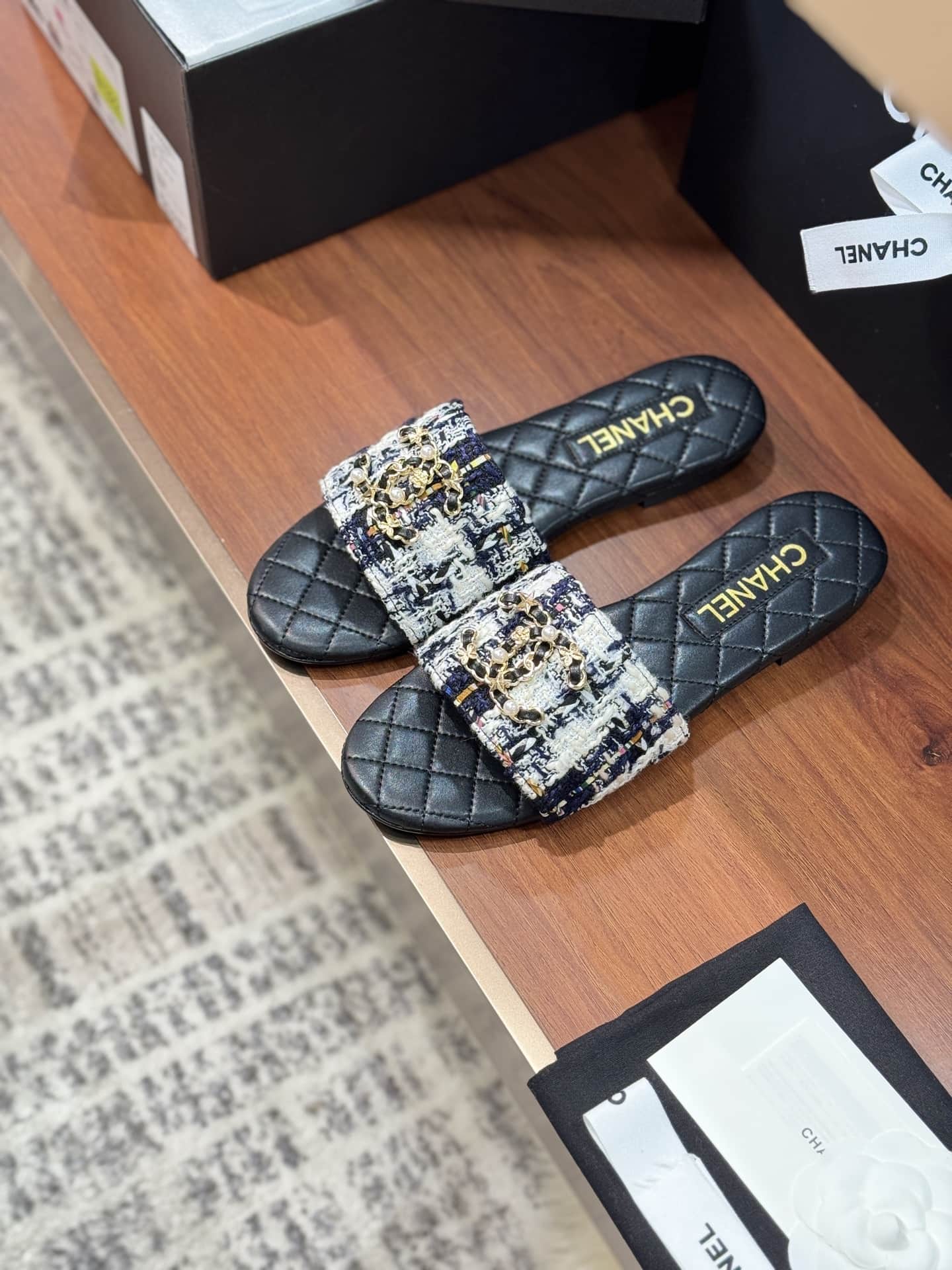 Chanel Tweed CC Chain Mule Sandal Shoes Women