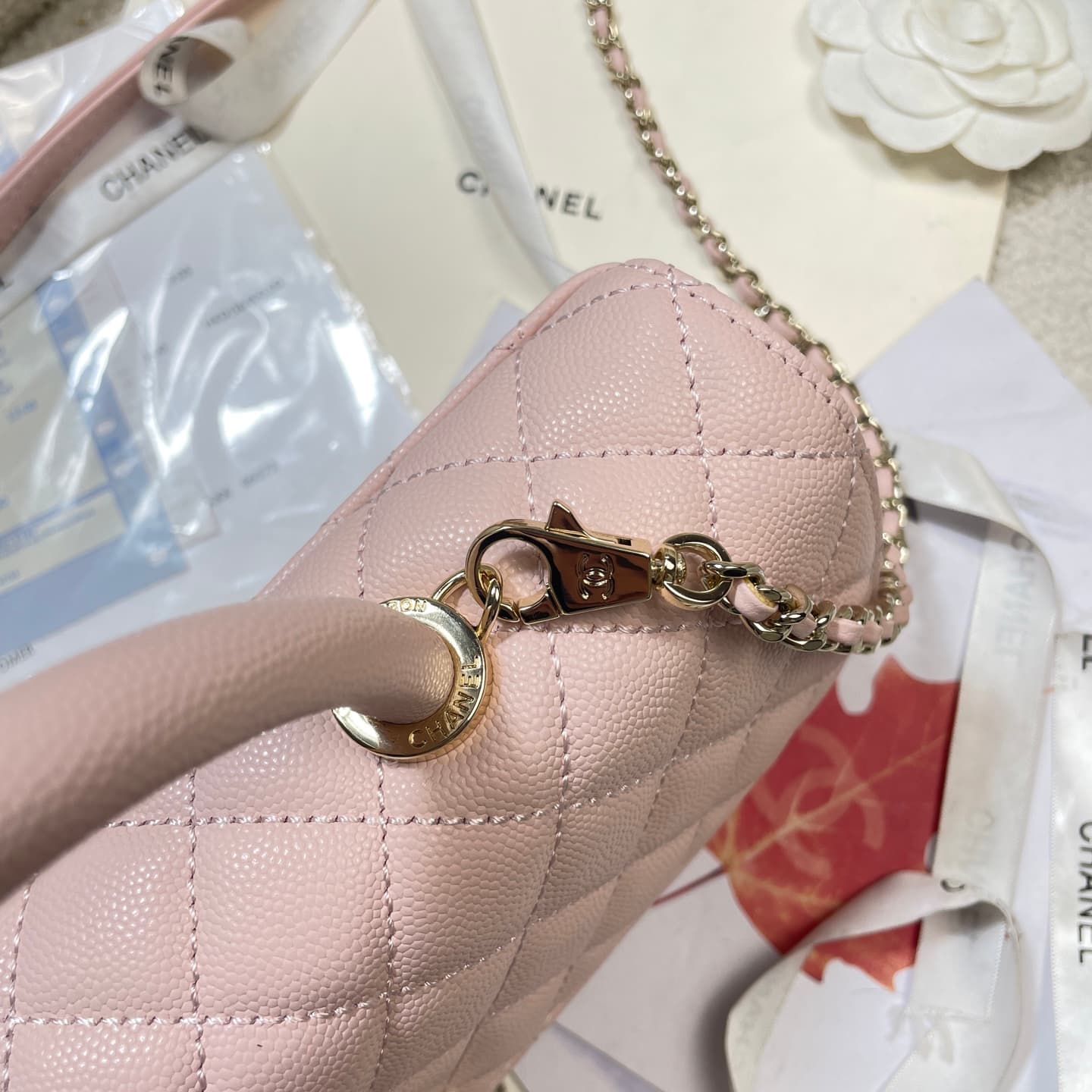 Chanel Maxi Flap Bag with Top Handle Grained Calfskin& Gold-Tone Metal AS6091 Pink A
