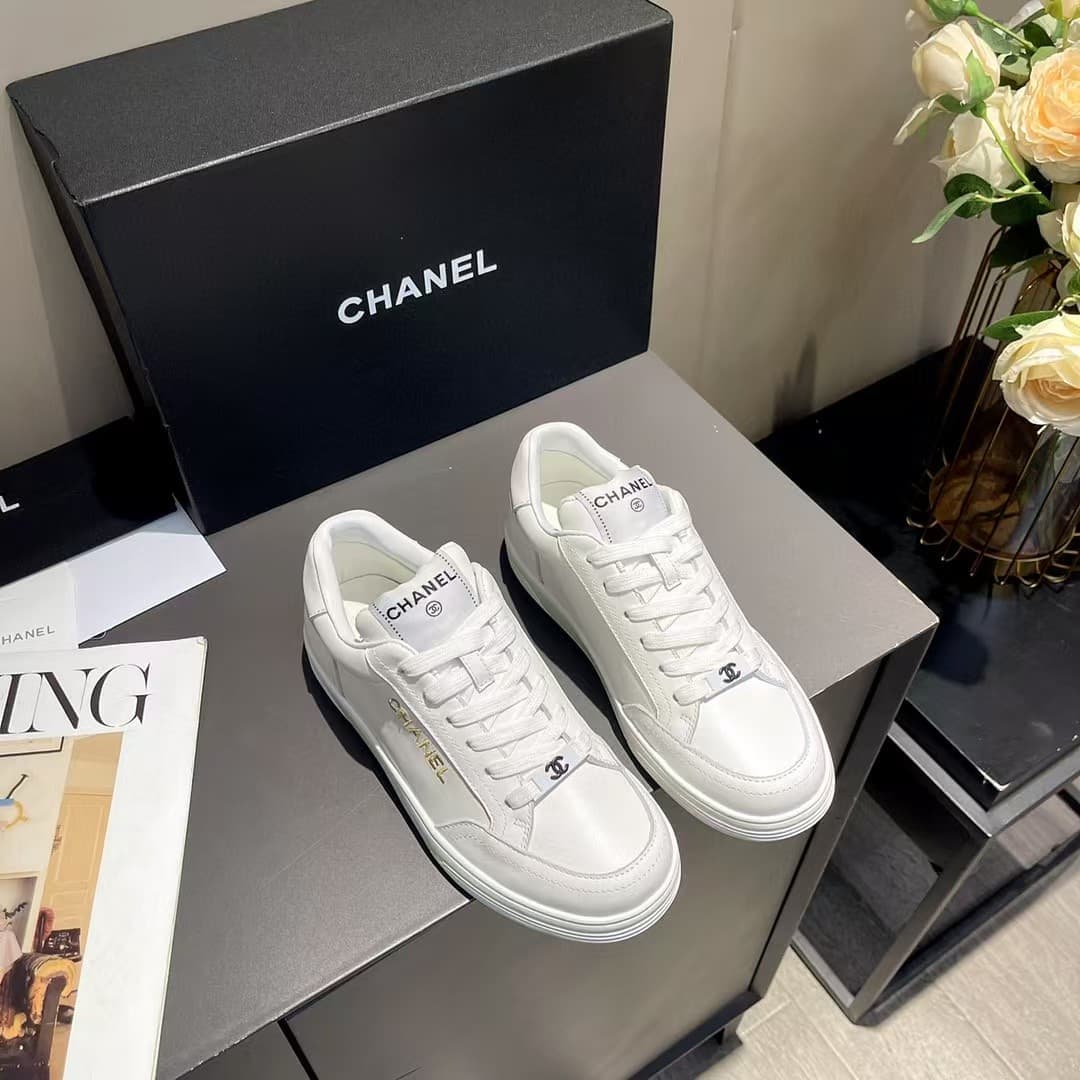Chanel white leather sneaker shoes