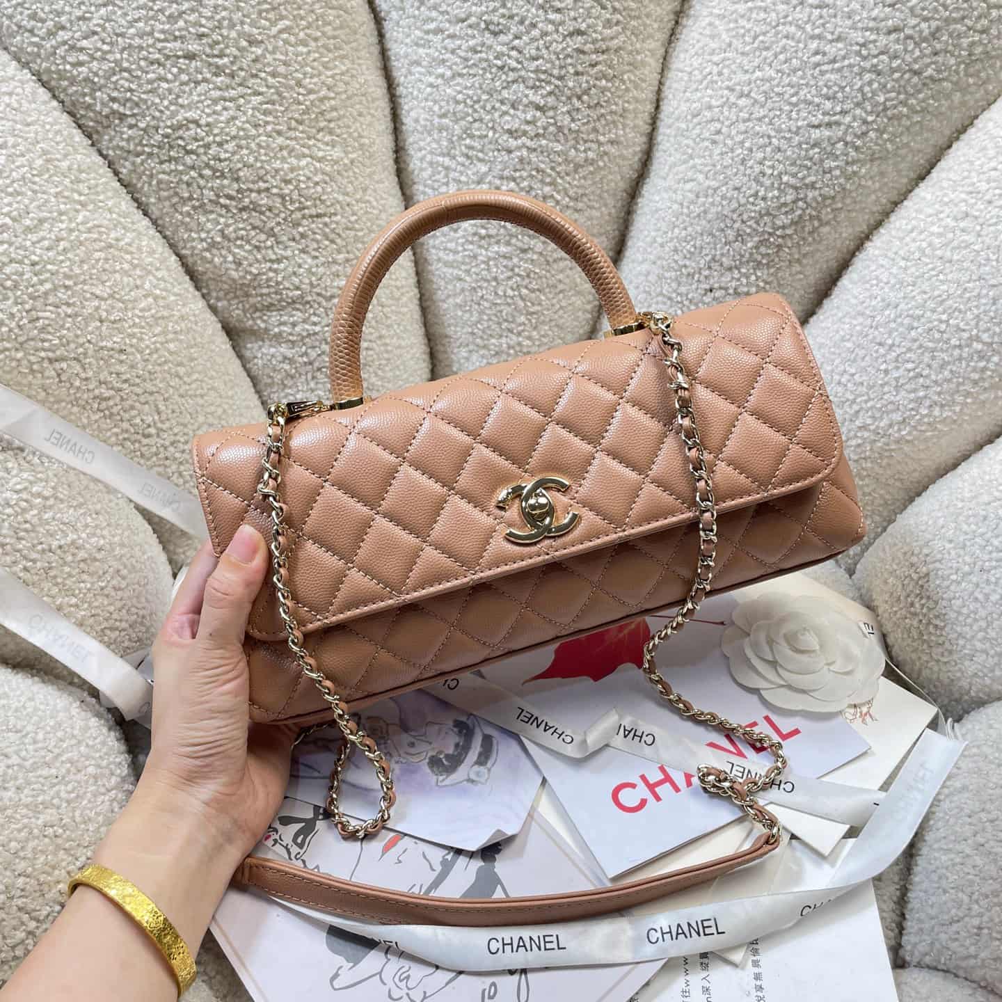 Chanel Maxi Flap Bag with Top Handle Grained Calfskin& Gold-Tone Metal AS6091 Caramel A