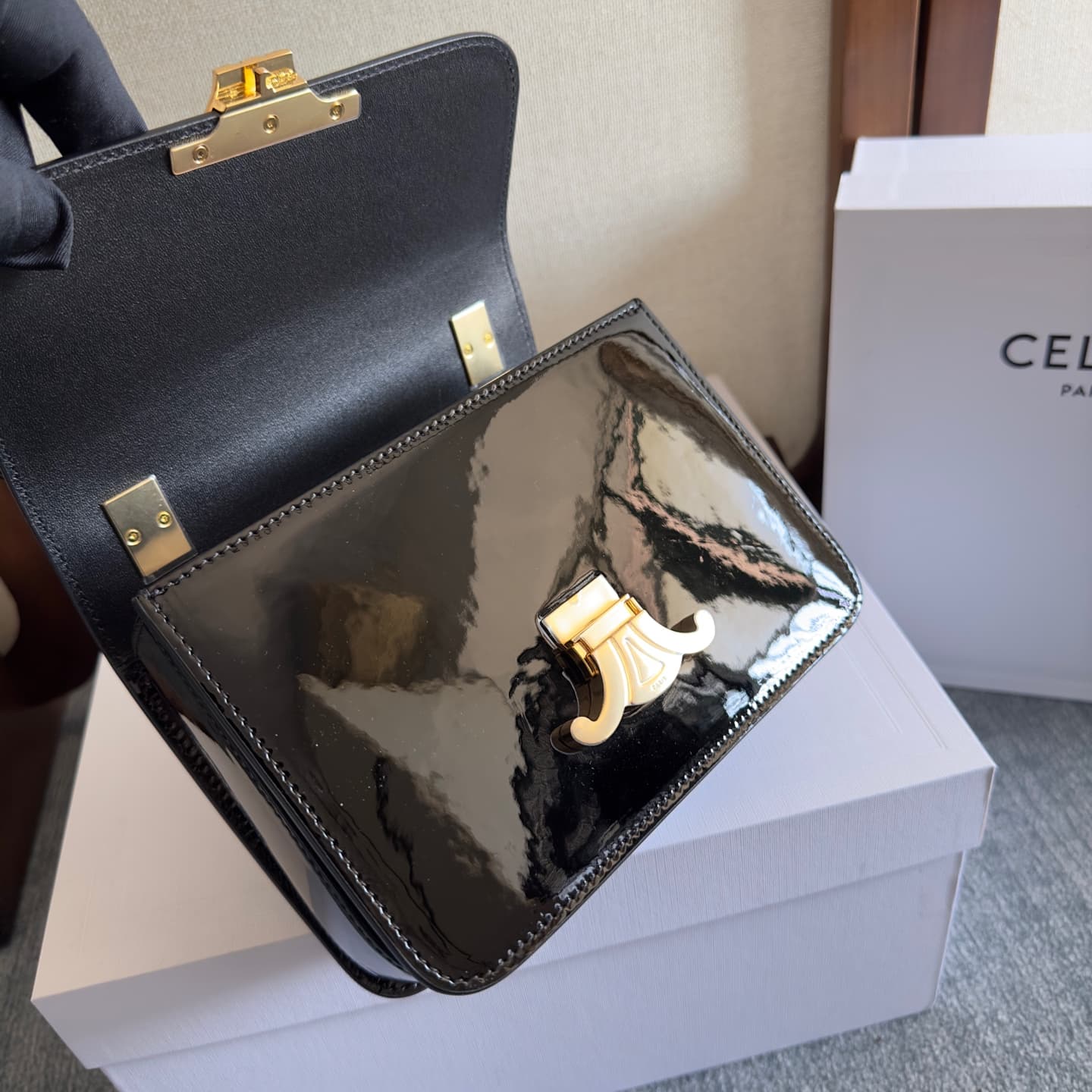Celine Teen Garance Shoulder Bag in Black Patent Calfskin High
