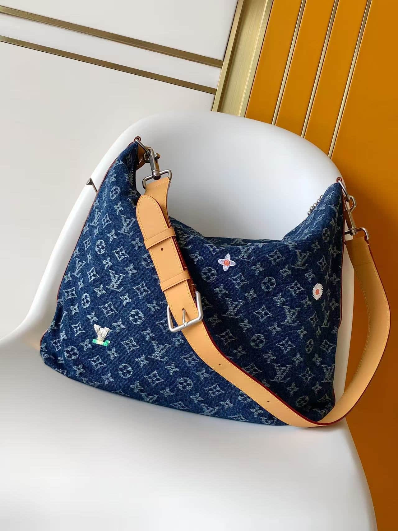 Louis Vuitton Vagabond Hobo Blue Monogram Flowers Denim M27555 High