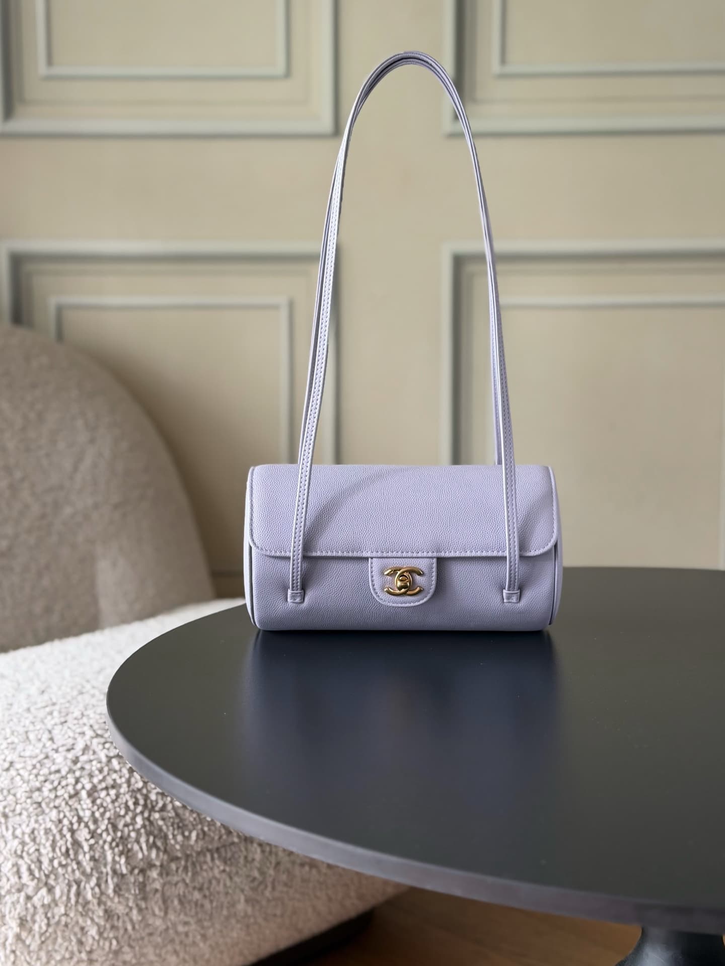 Chanel Small Bowling Bag Grained Shiny Calfskin & Gold-Tone Metal Purple AS6143 High
