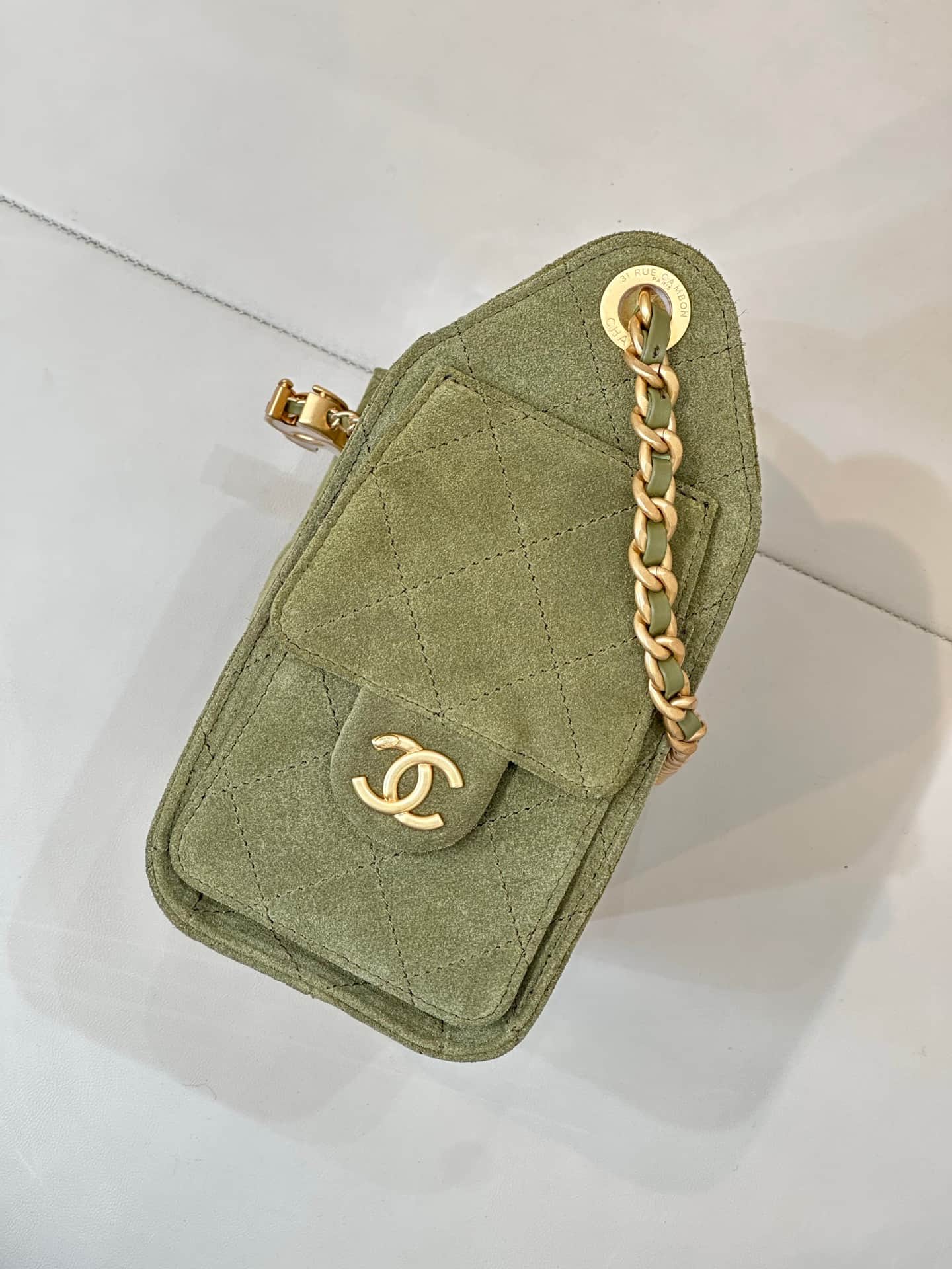 CHANEL 25 Mini Handbag AS5631 Suede &Gold-tone Metal Military Green TOP