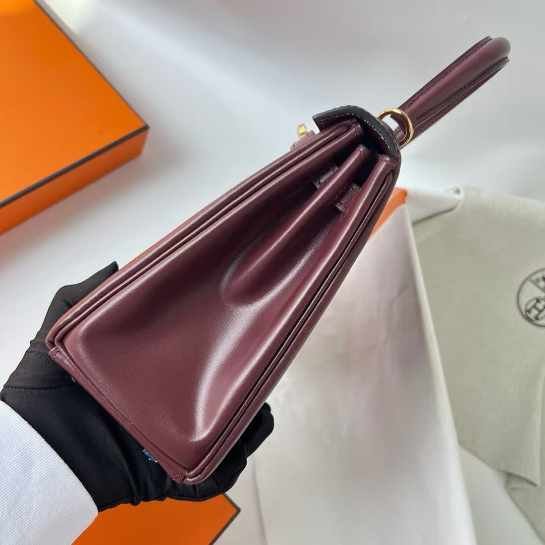 Hermes Kelly 25/28/32cm Retourne Bag Box Leather In Burgundy WAX High Customizing style