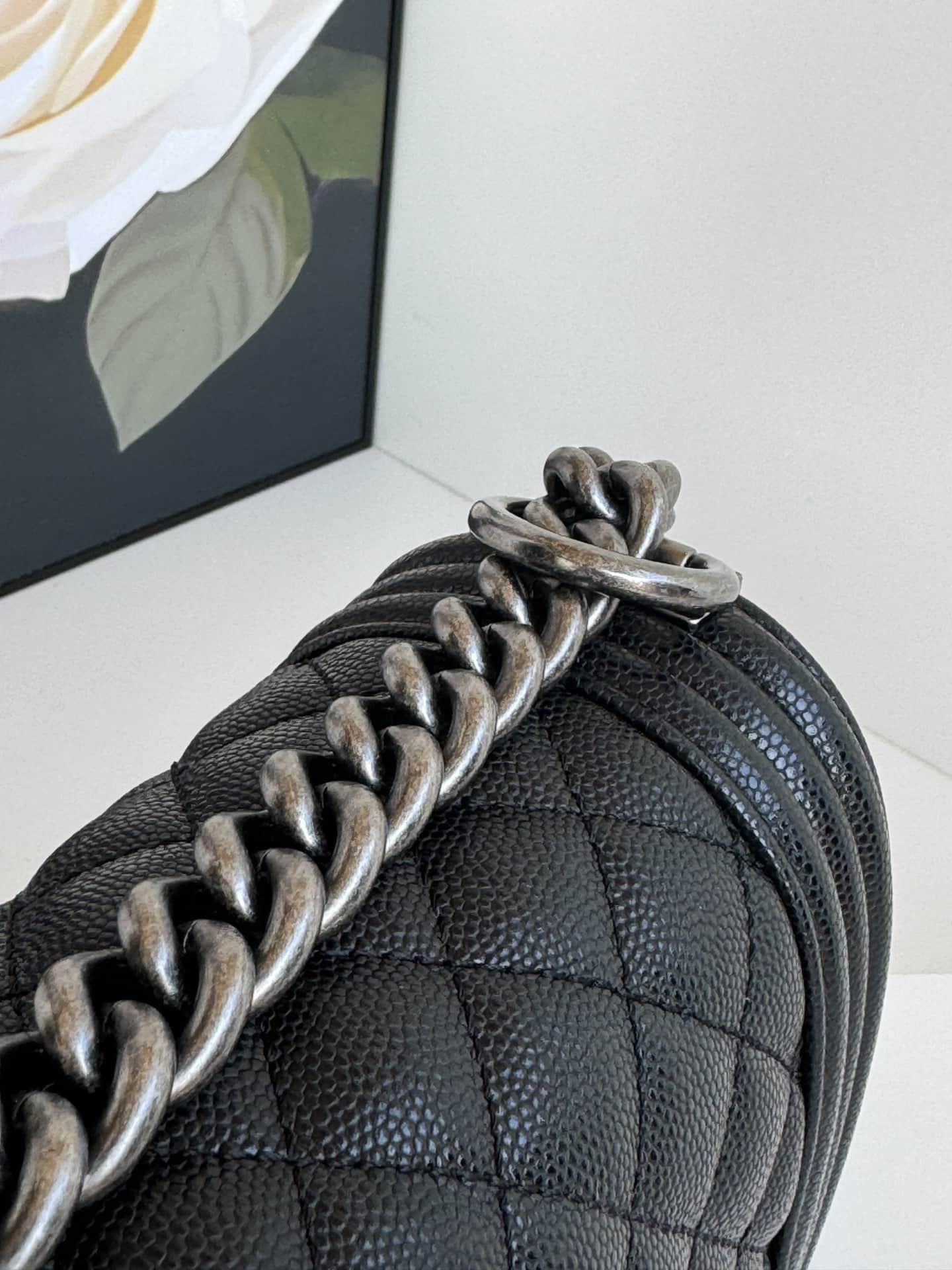 SMALL BOY Chanel HANDBAG Grained Calfskin Black Anti-Silver Metal High