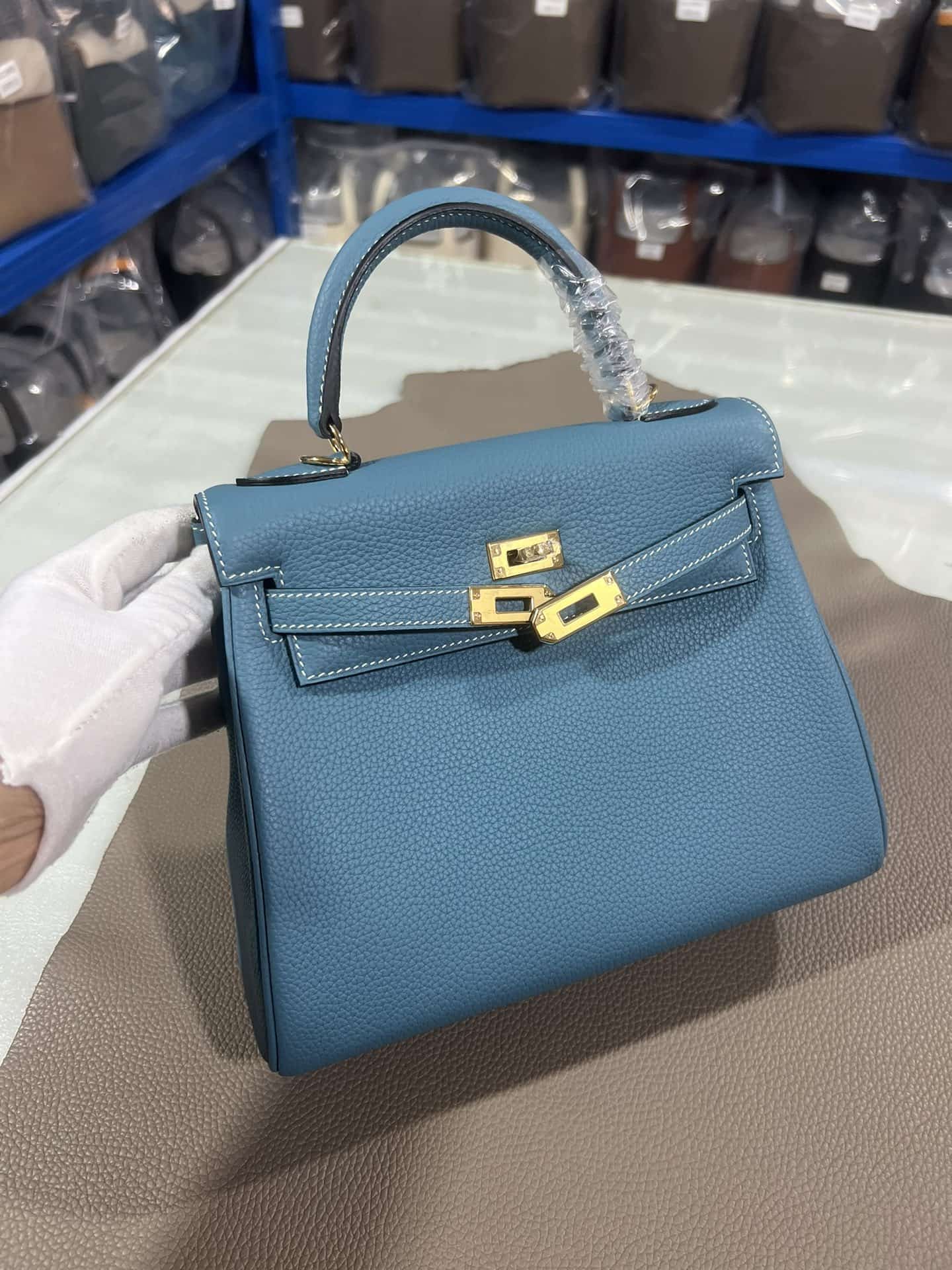 Hermes Kelly 25/28/32cm Retourne Bag Togo Leather In Denim Fonce WAX High