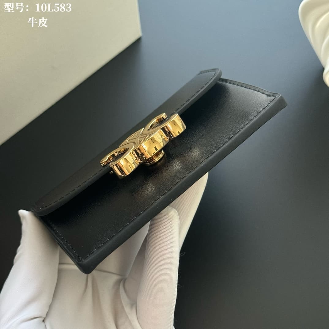 Celine Triomphe Flap Card Holder in shiny black calfskin High