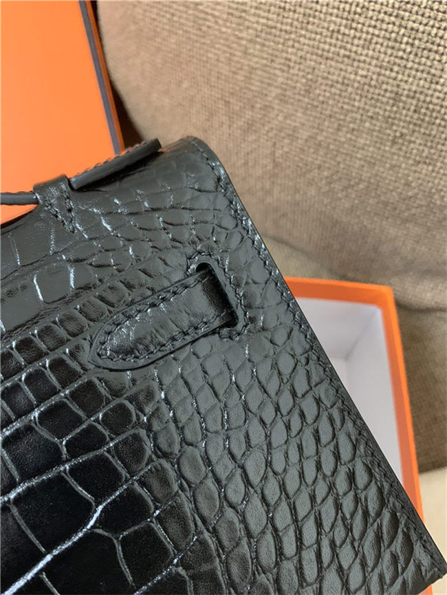 Hermes Kelly Pochette Bag Crocodile Silver/Gold Metal WAX Black High Customizing Style