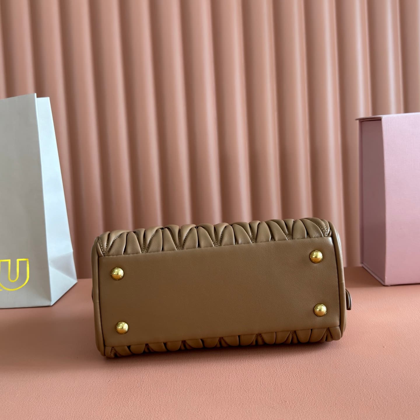 Miu Miu Arcadie Matelassé nappa leather bag Caramel 5BB191 TOP