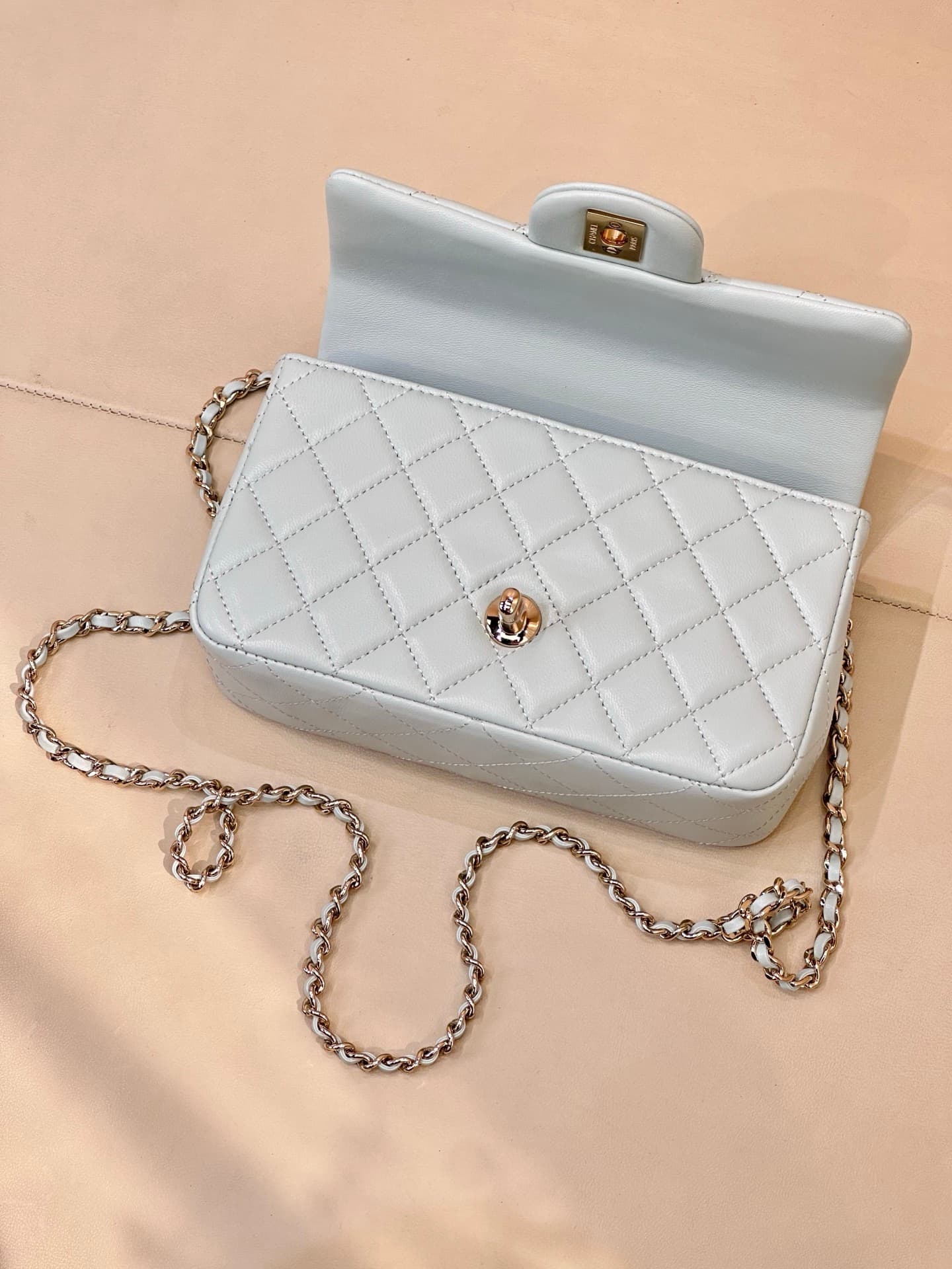 Chanel Mini Classic Handbag Lambskin Strass & Gold-Tone Metal AS2431 light blue TOP