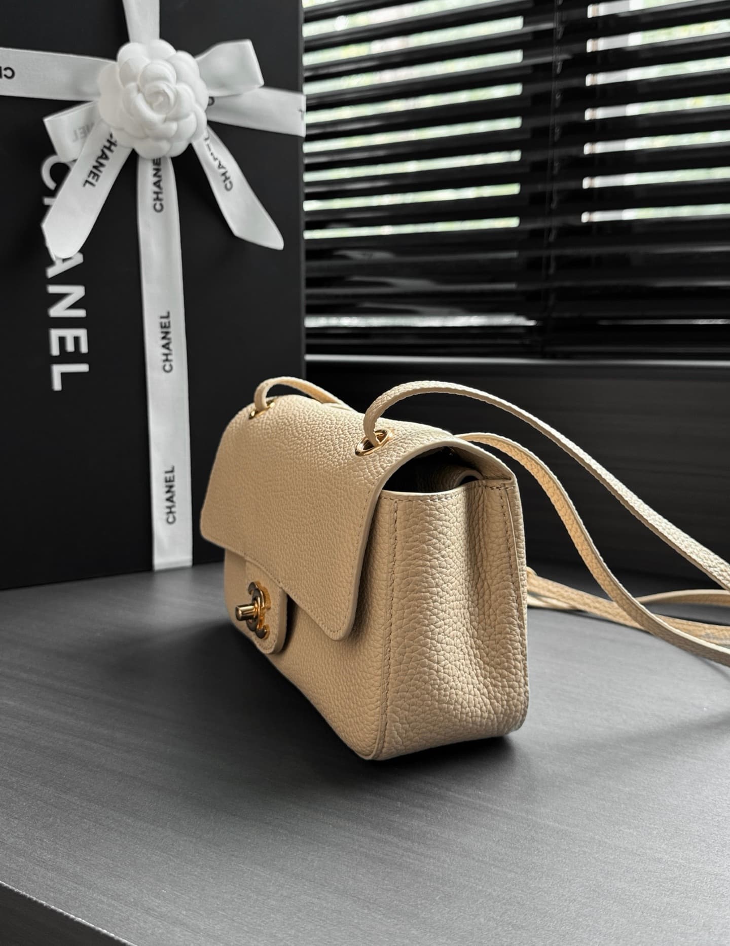 CHANEL Mini flap bag Grained Calfskin&Gold-tone metal Beige AS6573 A